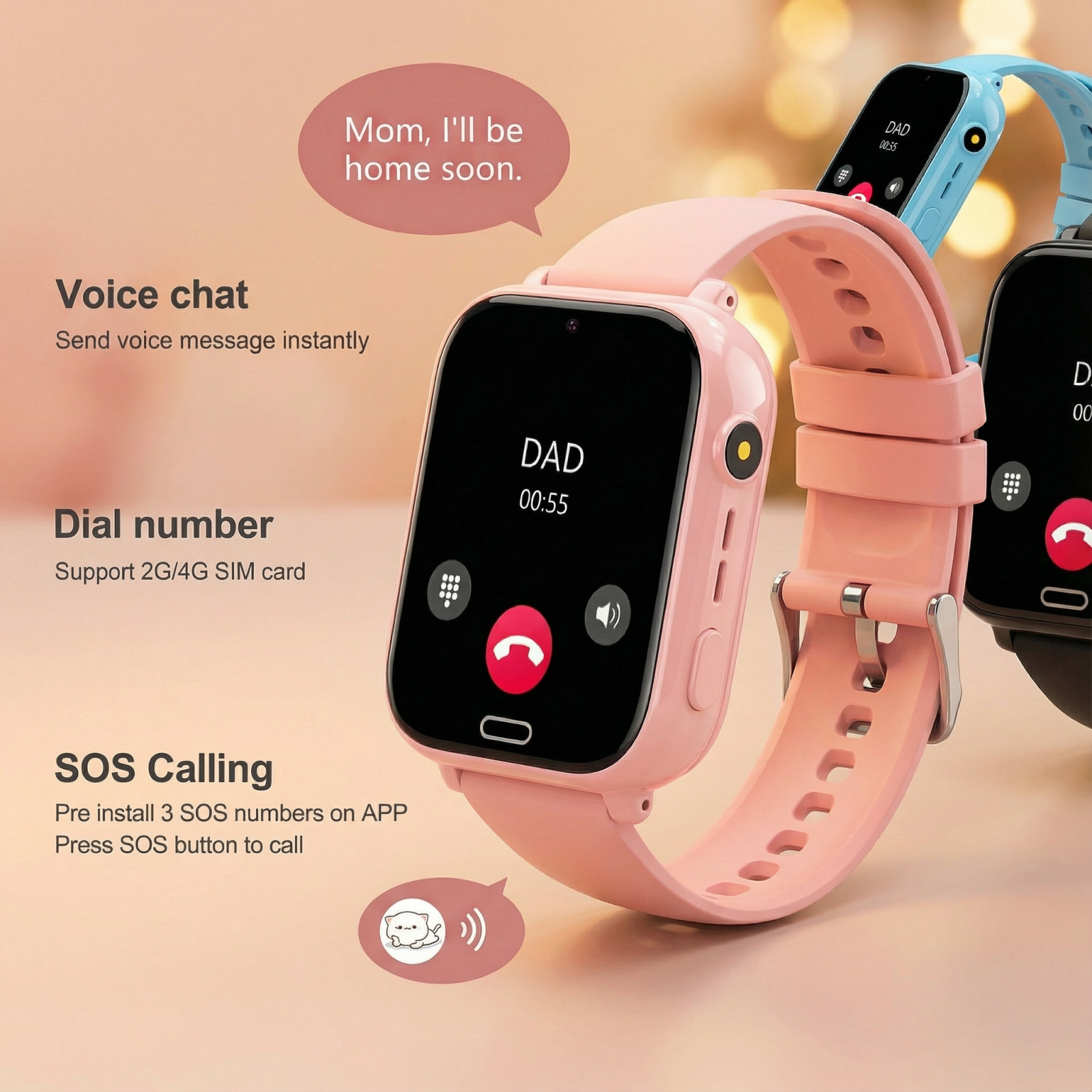 Ein rosafarbenes Kinder-Smartwatch-Display zeigt einen Anruf von DAD an.