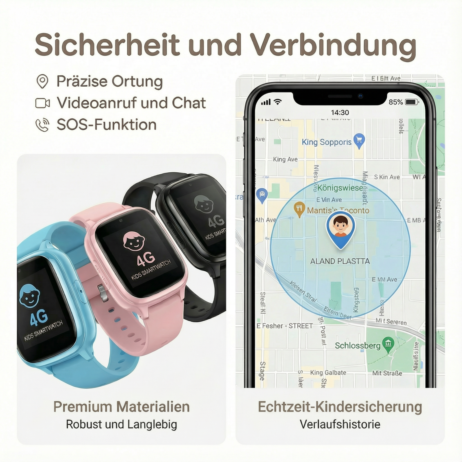 Drei Kinder-Smartwatches in Blau, Rosa und Schwarz, daneben ein Handy mit Karten-App.