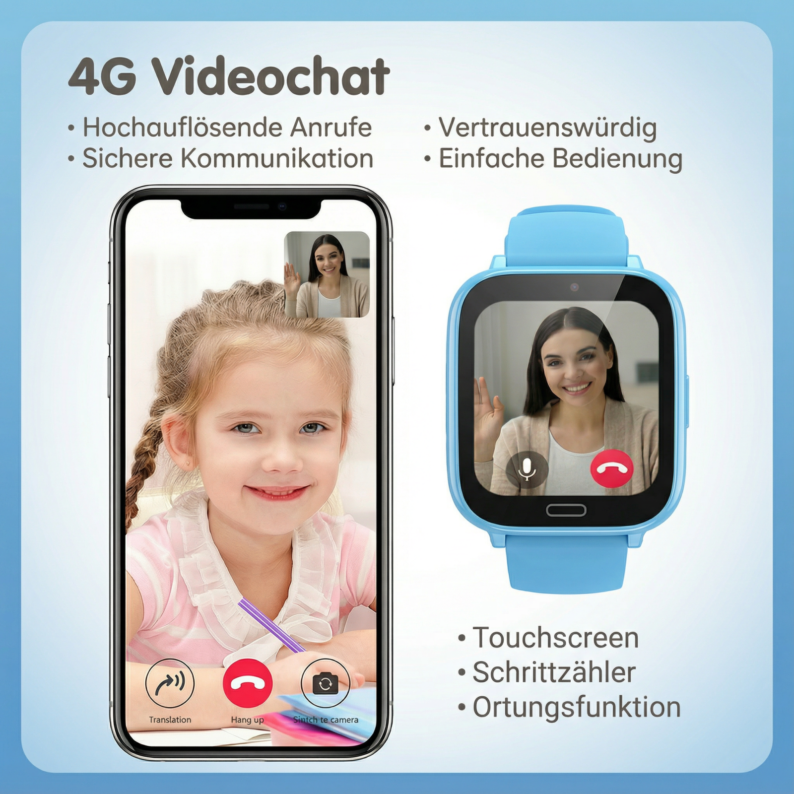 Smartwatch und Handy zeigen Videoanrufe mit Kindern und Frauen. Blaue Smartwatch.