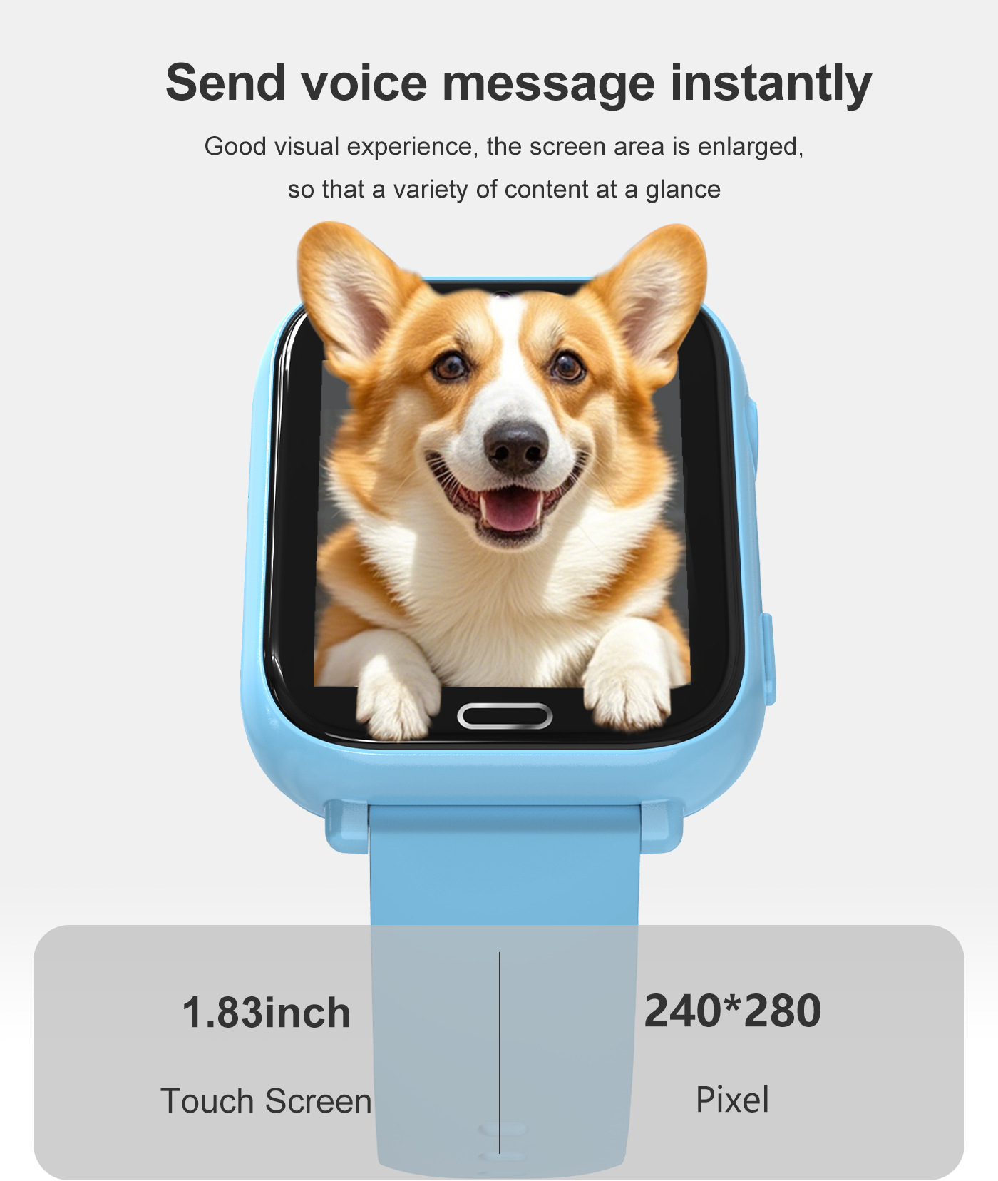 Ein hellblaues Smartwatch-Display zeigt ein Corgi-Hundegesicht. Unten sind Spezifikationen.