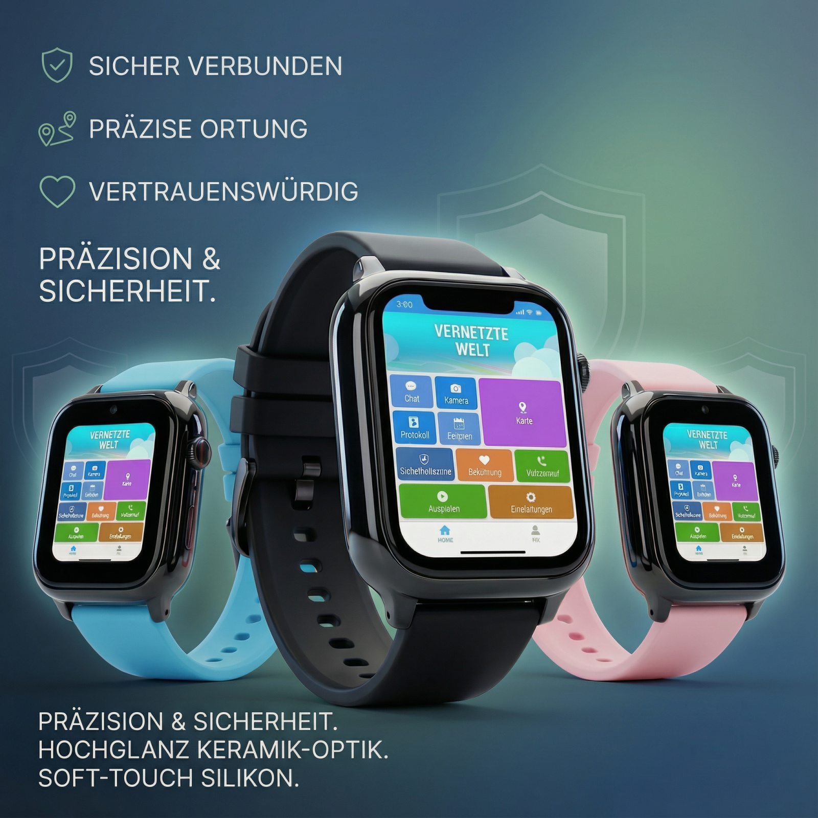 Drei Smartwatches mit bunten Armbändern und Bildschirmen, die eine vernetzte Welt zeigen.