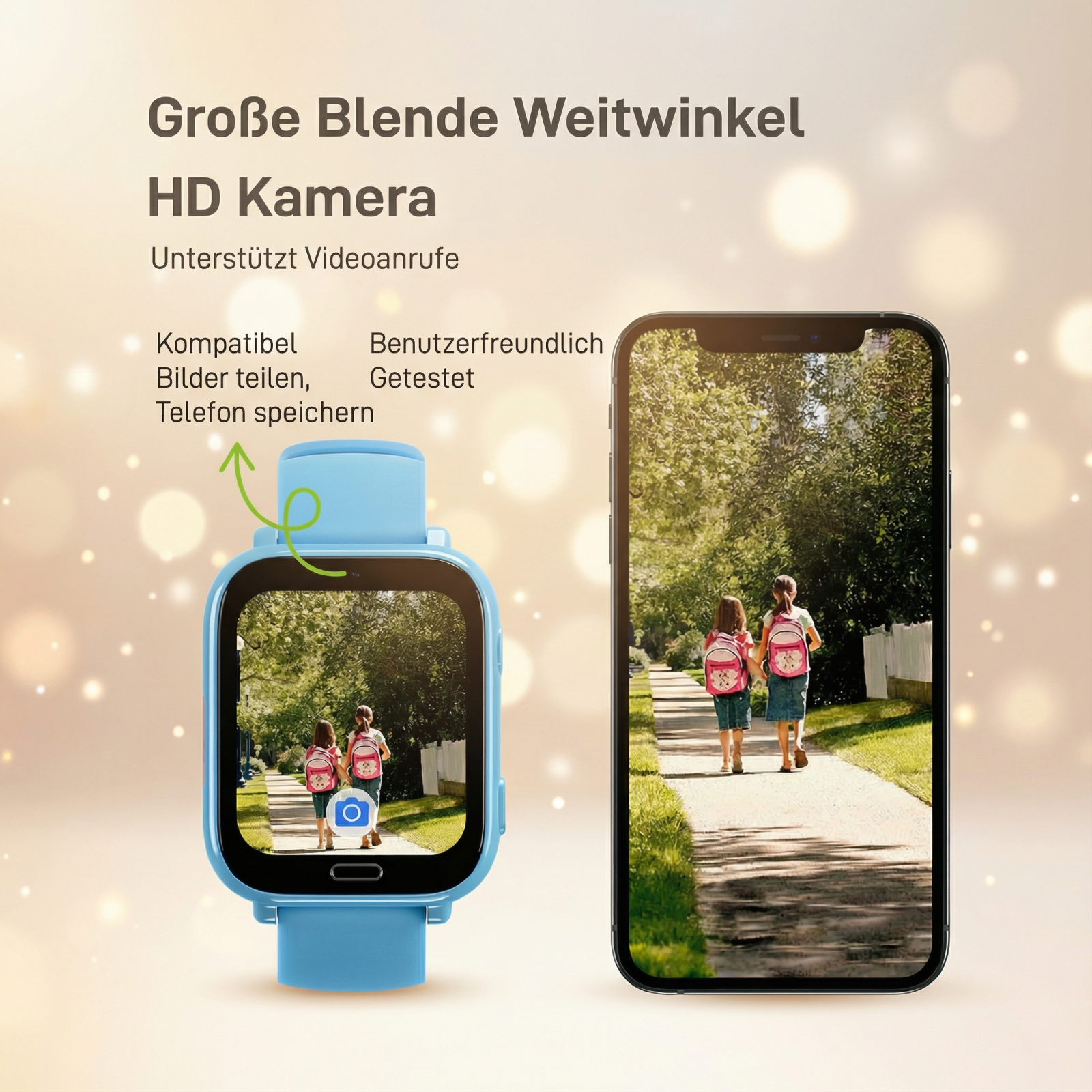 Eine blaue Smartwatch und ein Smartphone zeigen zwei Mädchen mit rosa Rucksäcken auf einem Weg.