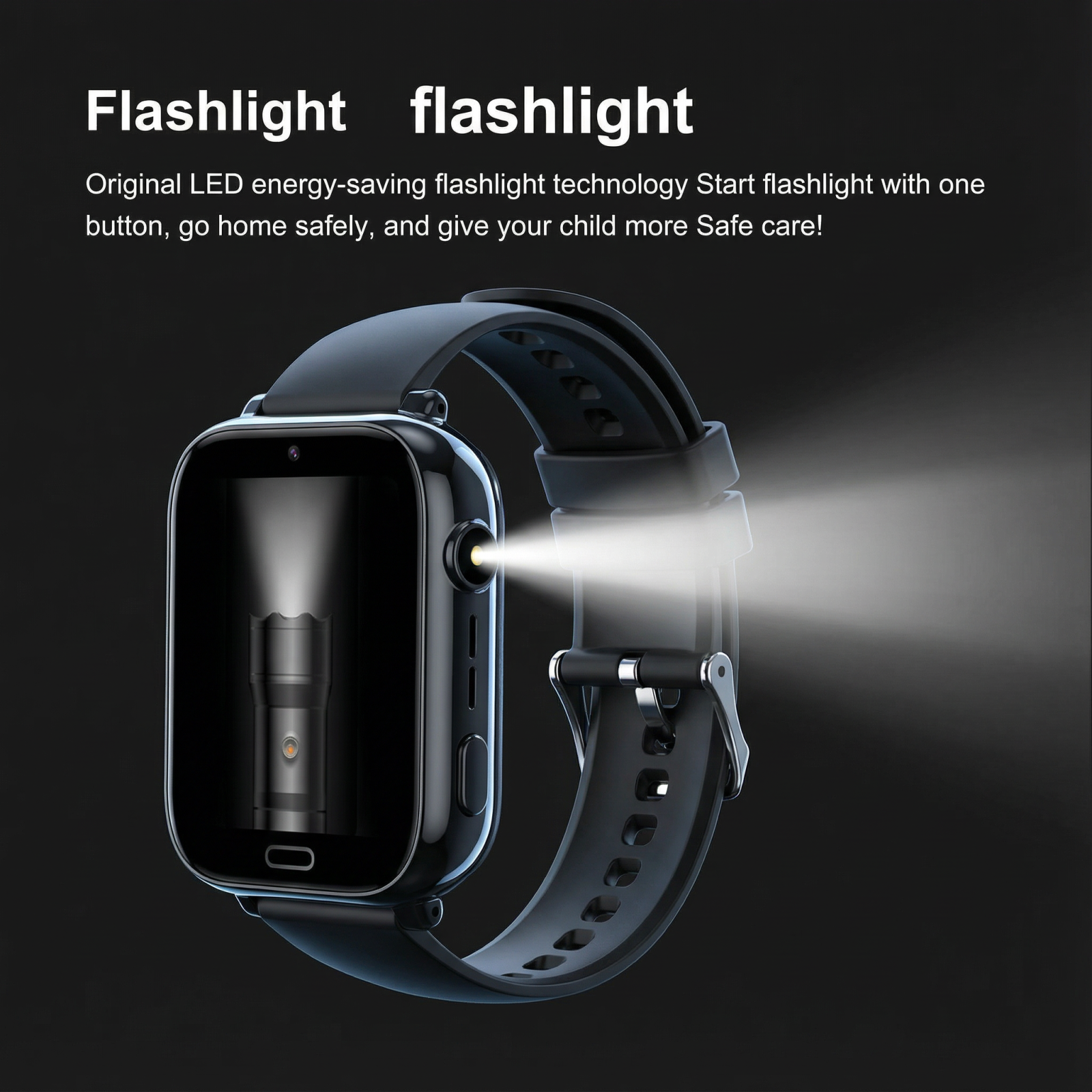 Eine schwarze Smartwatch mit eingeschalteter Taschenlampe und schwarzem Armband.