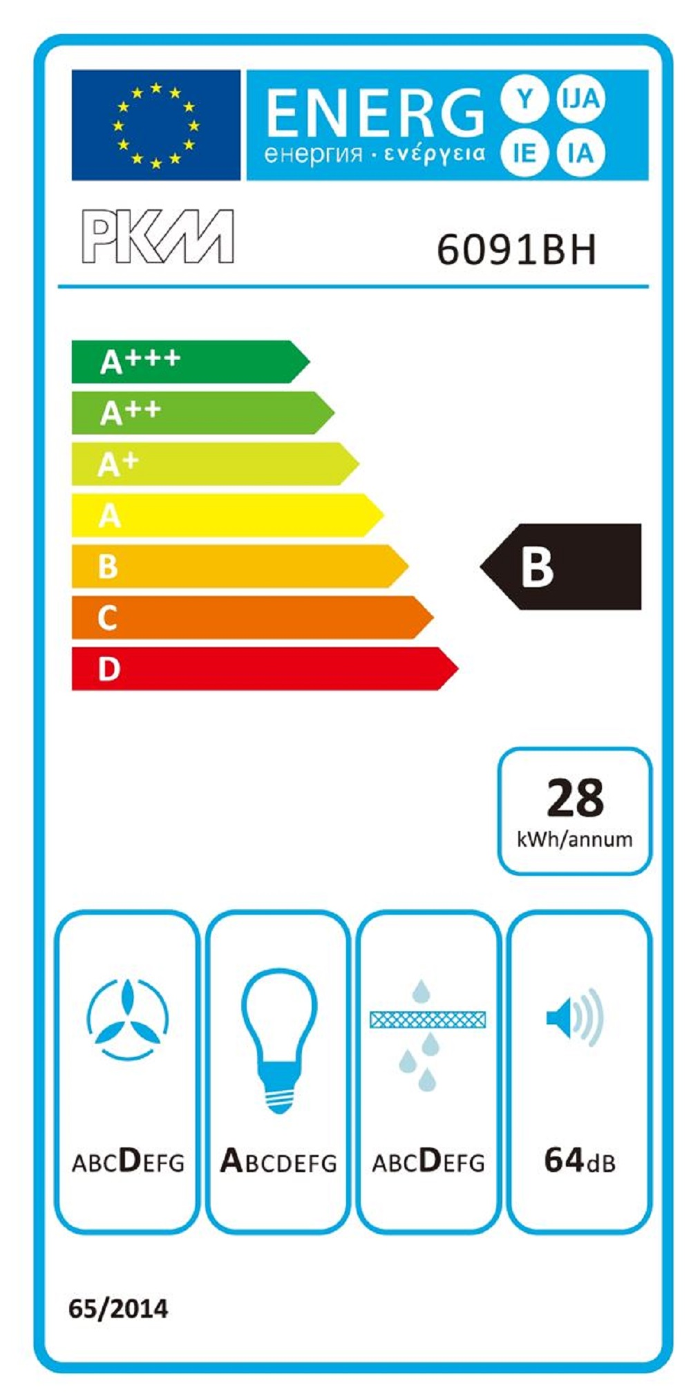 Energielabel mit PKM 6091BH, Energieeffizienz B, 28 kWh/annum.