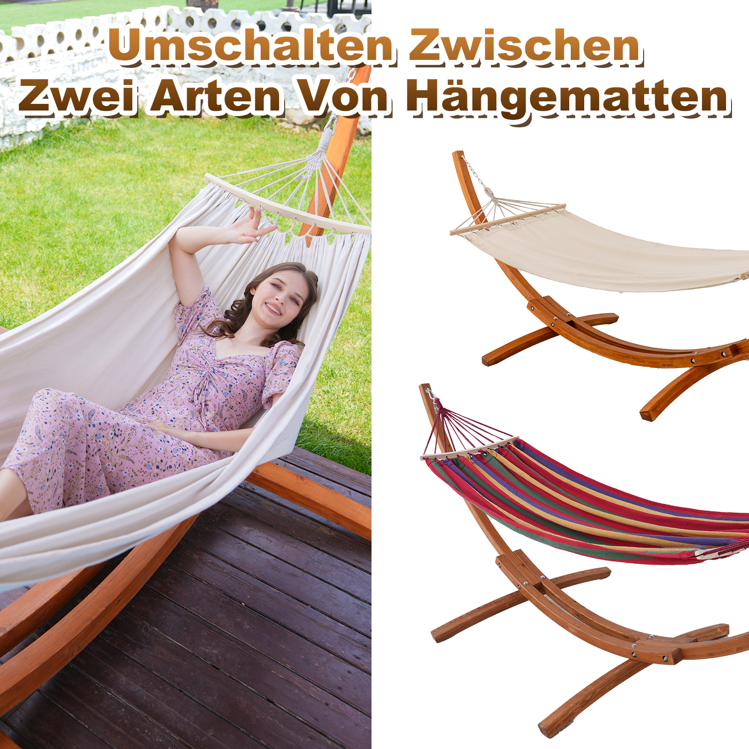 Frau in Hängematte, daneben zwei Hängematten auf Holzständern.