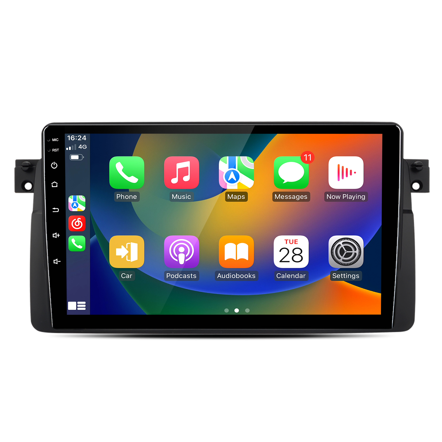 Ein Auto-Infotainment-Bildschirm mit App-Symbolen: Telefon, Musik, Karten, Nachrichten, Wiedergabe.