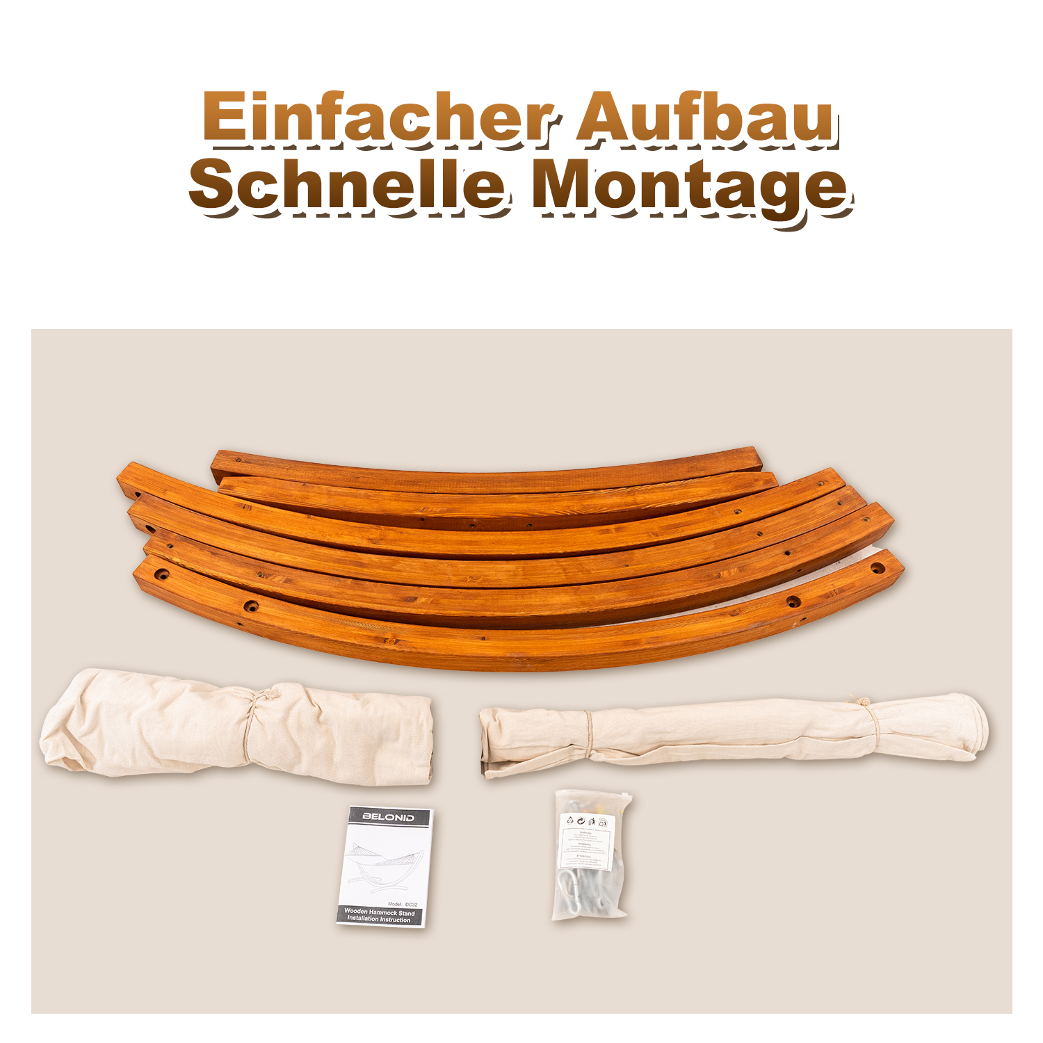 Holzteile für ein Gestell, beige Stoffrollen und eine Anleitung.