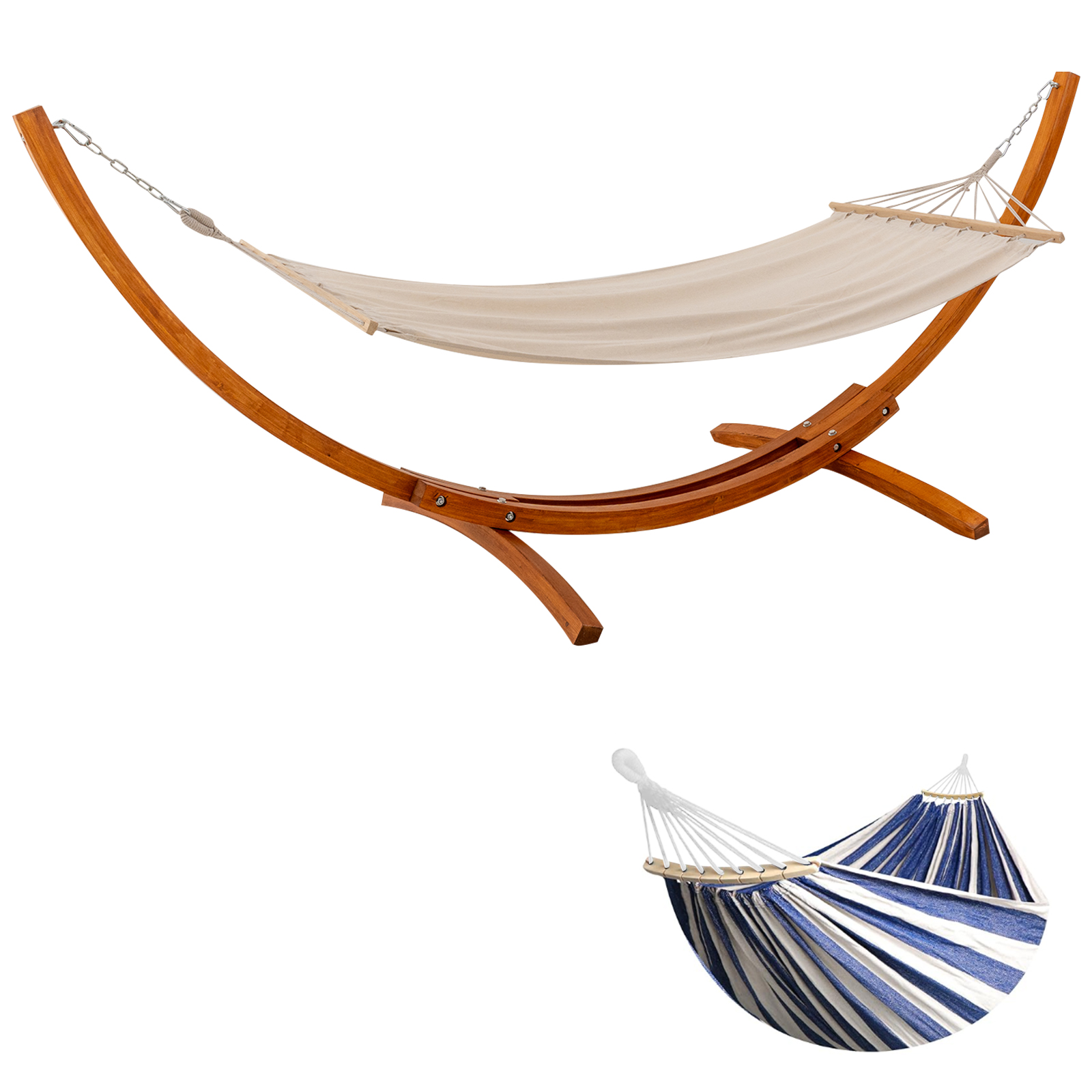 Kremowa hamak z tkaniny na drewnianym stojaku łukowym i pasiasty hamak.