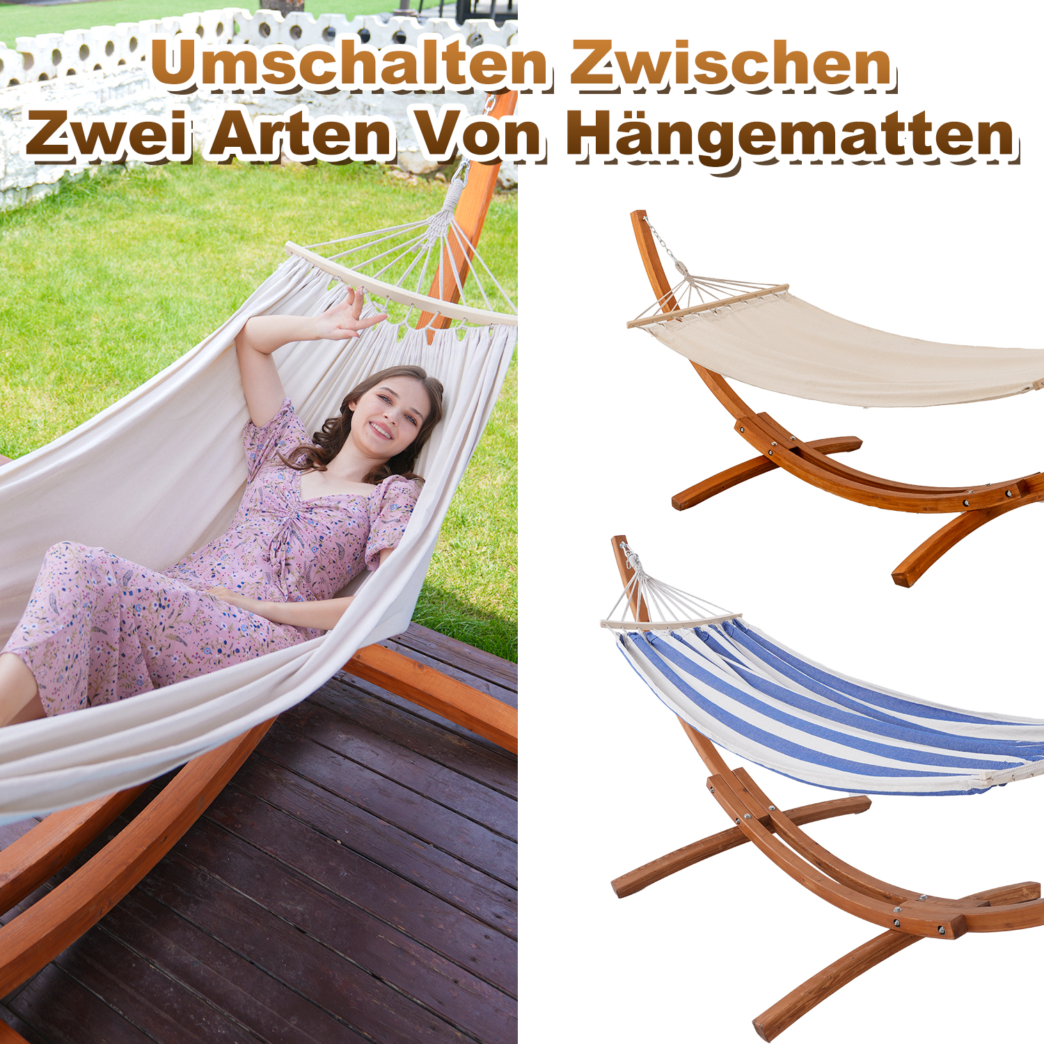 Frau im Hängematten-Setup, zwei Hängematten nebeneinander.