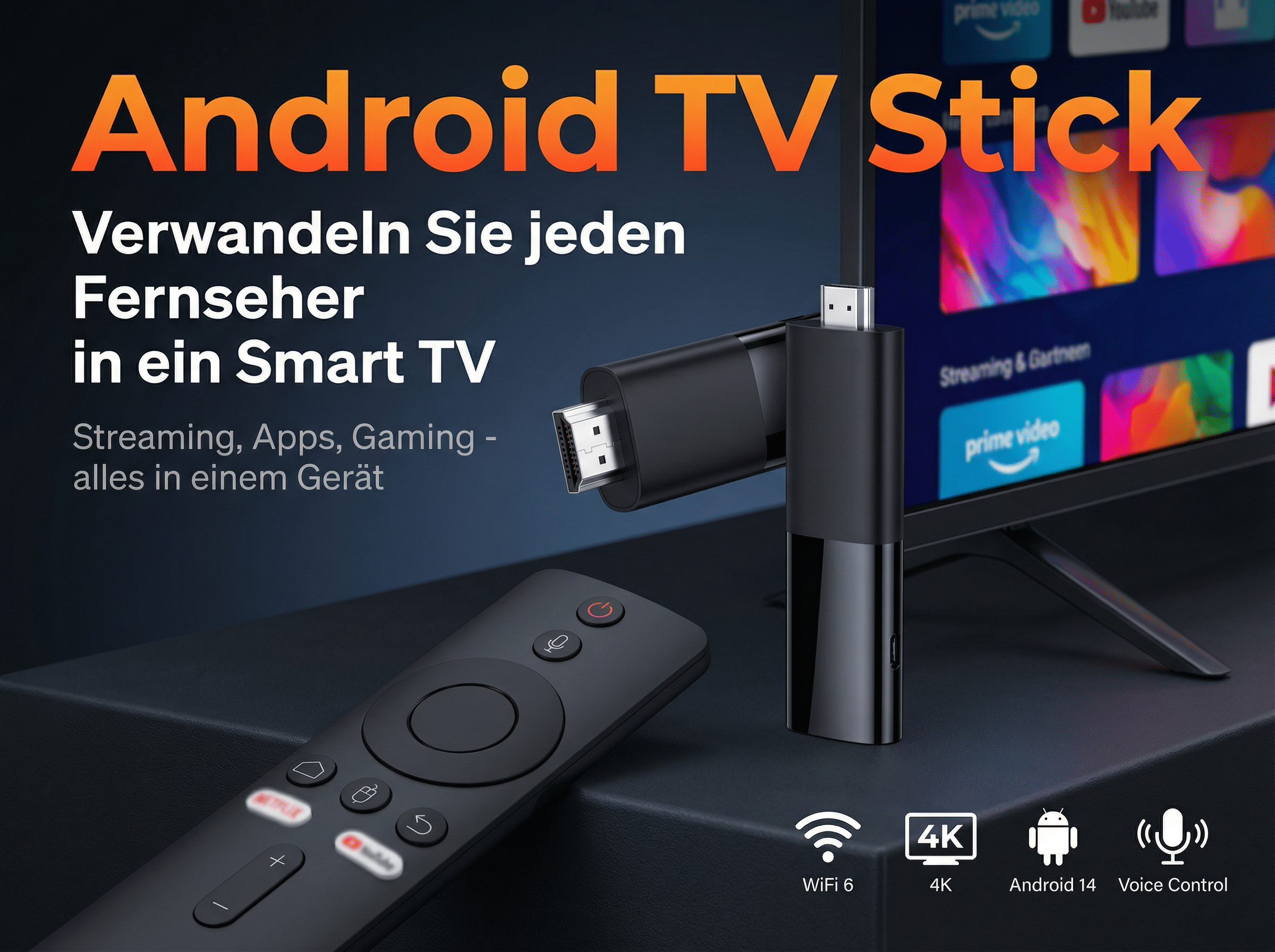 Android TV Stick mit Fernbedienung und HDMI-Anschluss, wandelt Fernseher in Smart TV um.