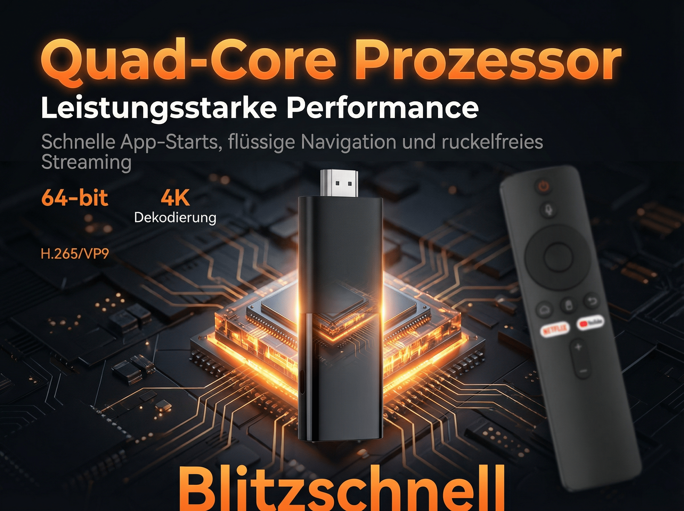 Ein schwarzer Streaming-Stick und eine Fernbedienung vor einer Leiterplatte.