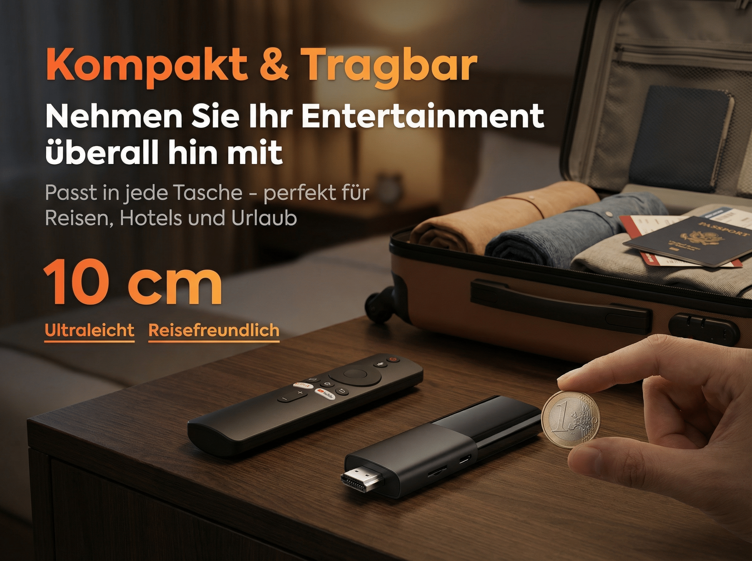 Kompakter Entertainment-Stick mit Fernbedienung und Münze, daneben ein Koffer.