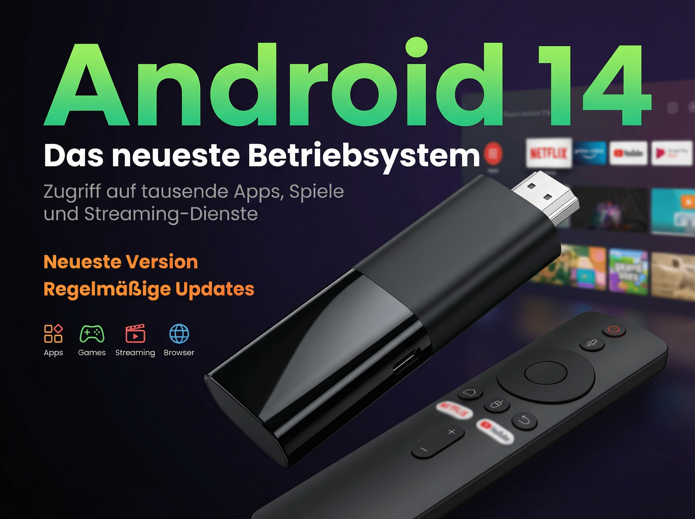 Android 14 mit Fernbedienung und Streaming-Stick. Icons für Apps, Spiele, Streaming, Browser.