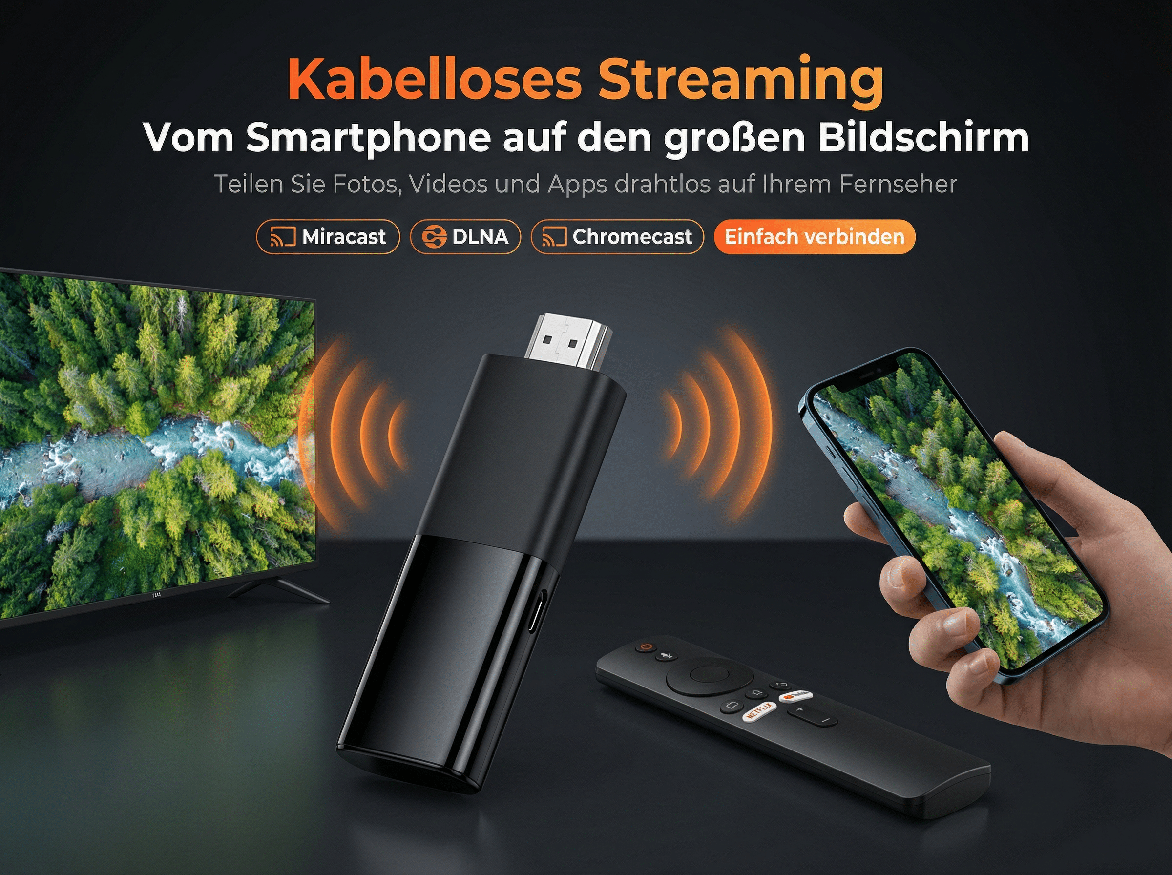 Ein schwarzer Streaming-Stick, Smartphone und Fernbedienung vor einem dunklen Hintergrund.