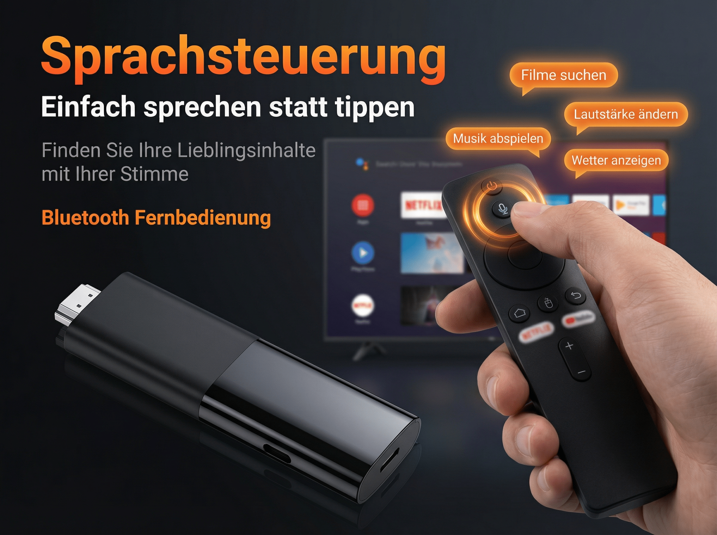 Ein schwarzer Streaming-Stick und eine Fernbedienung mit Sprachsteuerung.