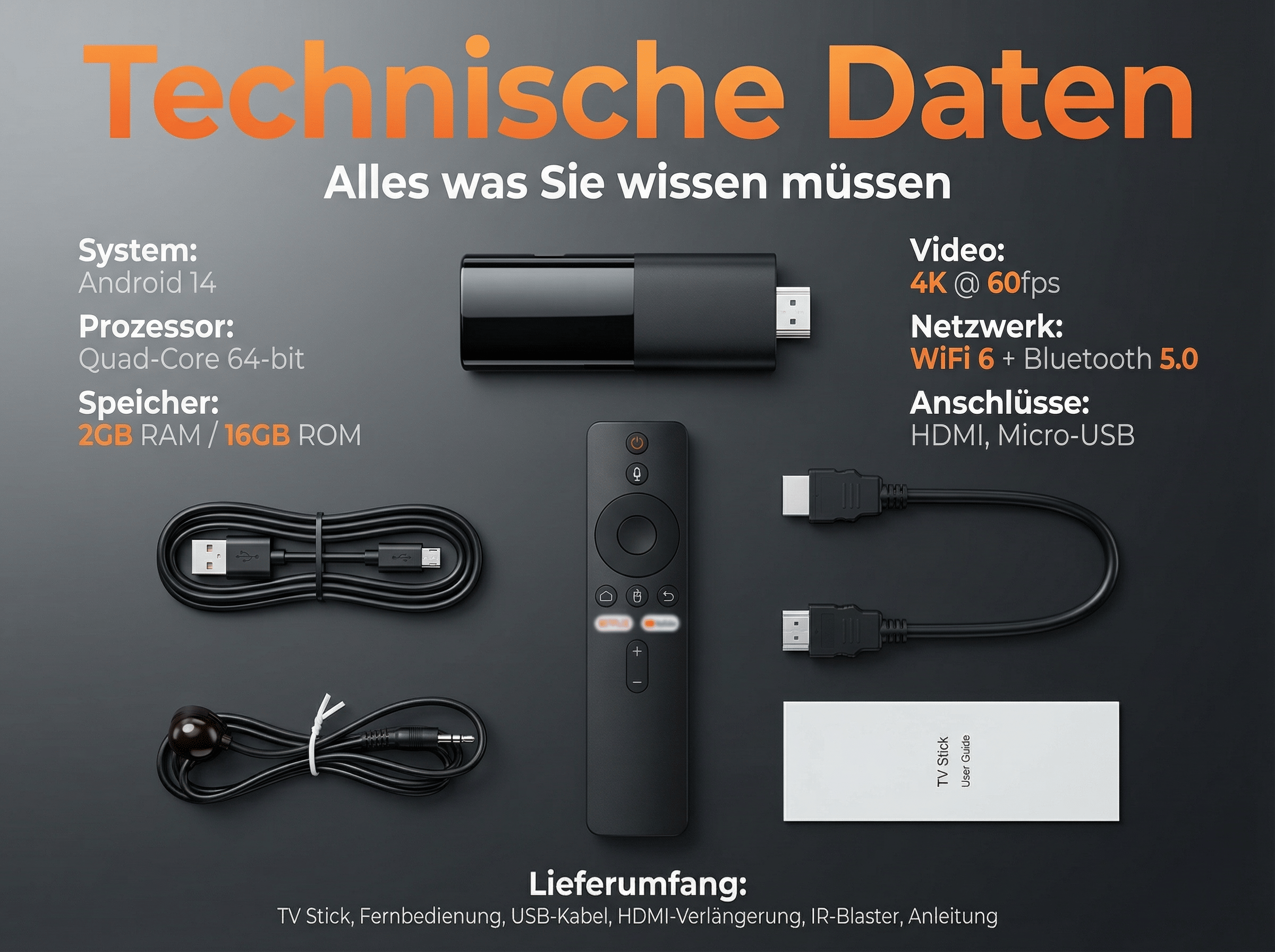 Technische Daten eines TV-Sticks: Android 14, 4K@60fps, WiFi 6.