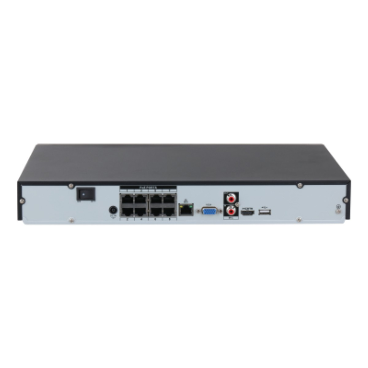 Rückseite eines schwarzen Geräts mit Anschlüssen: Netzschalter, Stromanschluss, Ethernet-Ports, VGA, HDMI, USB.