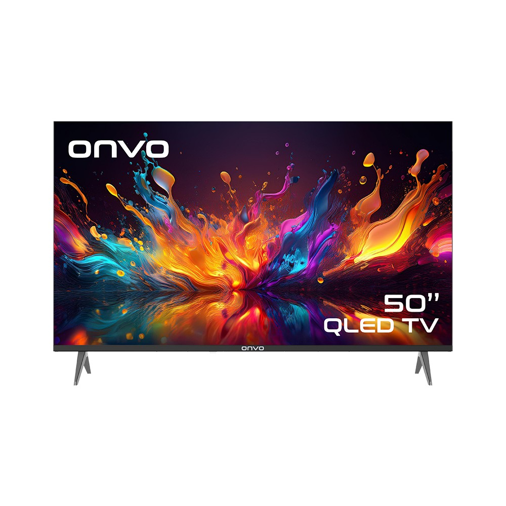 Canlı, renkli bir sıçrama grafiği gösteren 50 inç Onvo QLED TV.