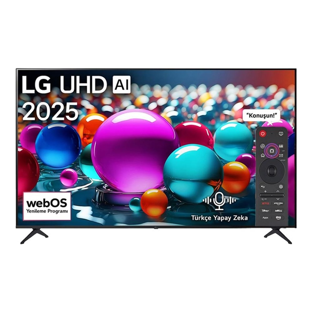 LG UHD AI 2025 TV renkli küreler ve uzaktan kumanda gösteriyor.