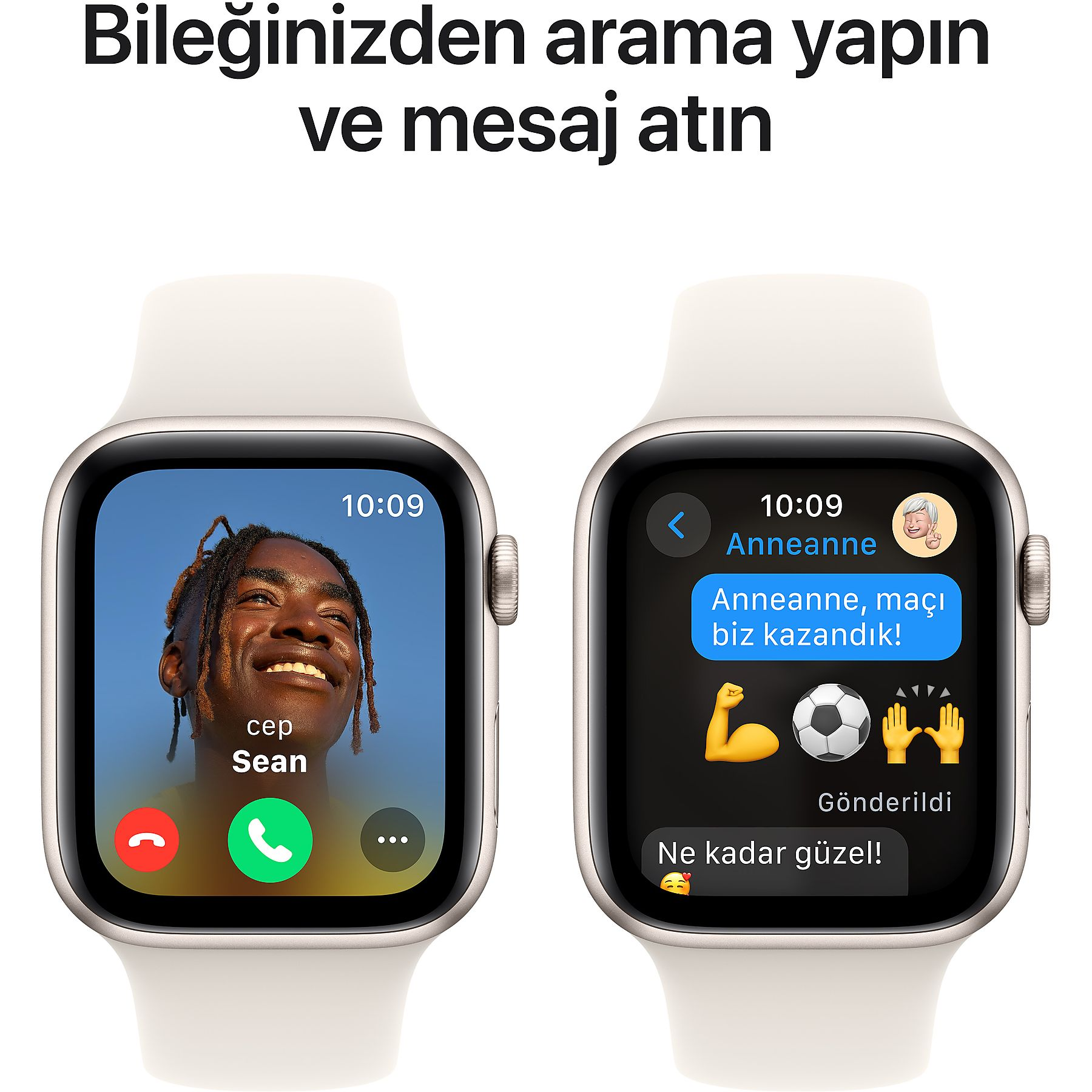 Yan yana iki akıllı saat; biri Sean'dan gelen aramayı, diğeri mesajı gösteriyor.