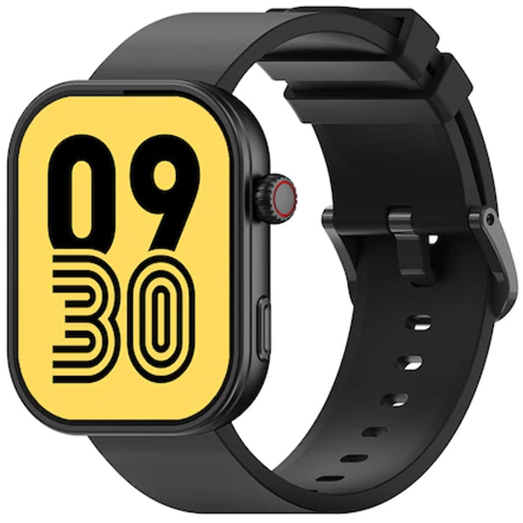 Montre connectée moderne avec bracelet noir et cadran jaune affichant des chiffres noirs.