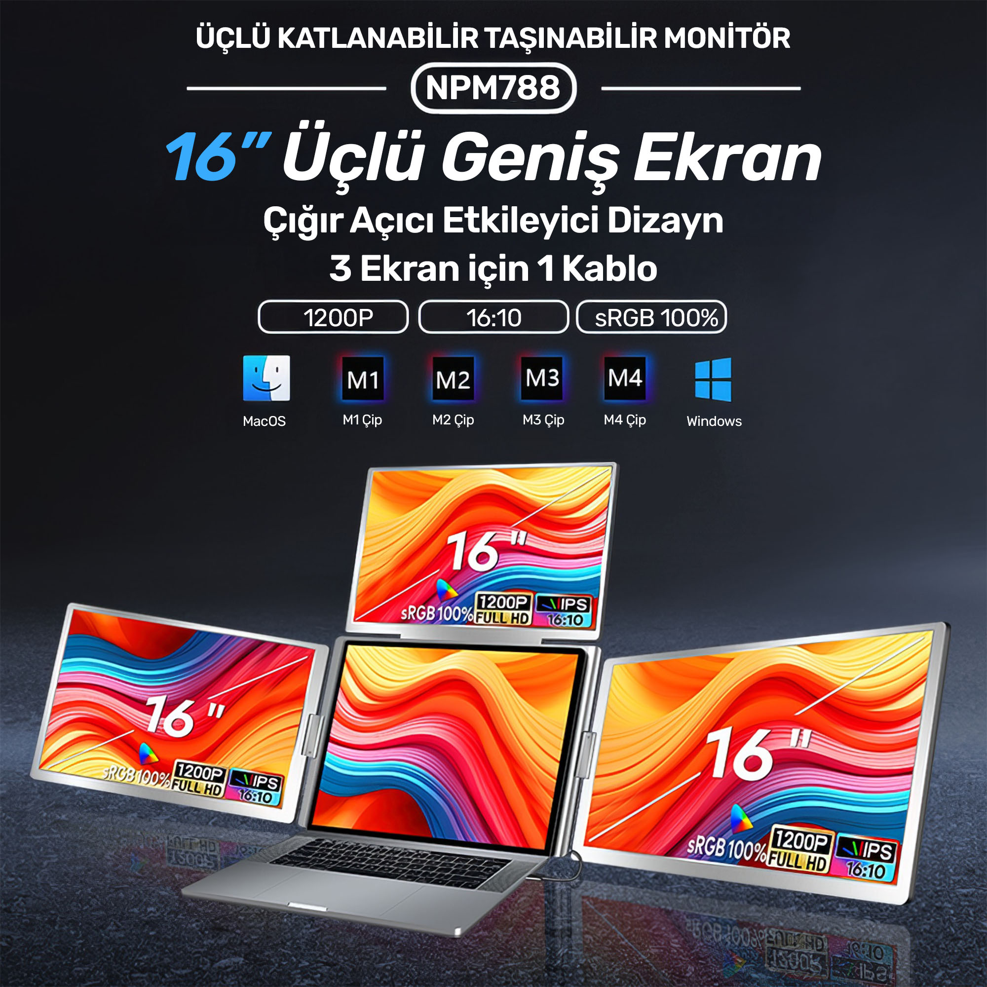 Renkli soyut desenler gösteren üç adet 16 inç ekrana bağlı bir dizüstü bilgisayar.