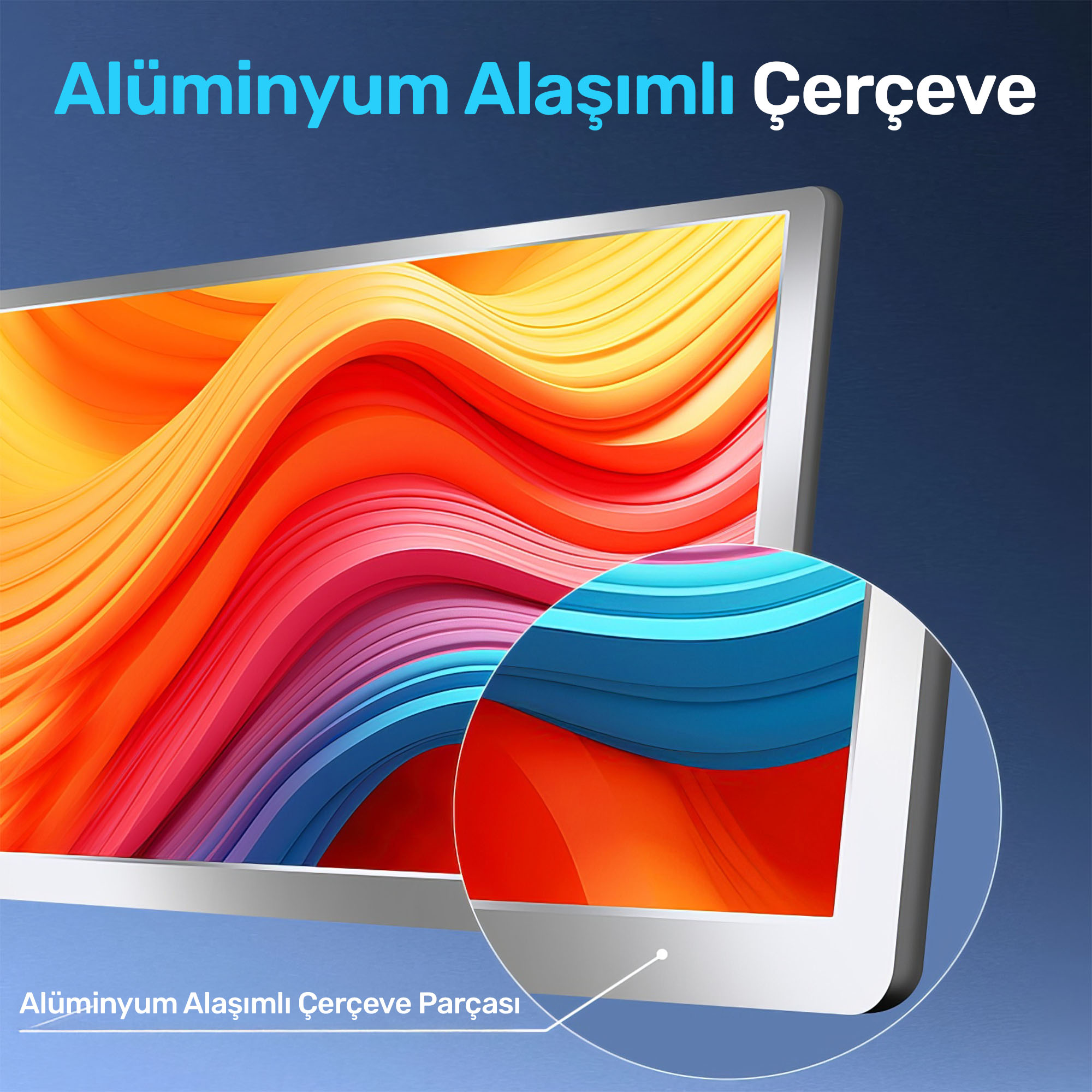 Gümüş çerçeve, renkli, dalgalı bir arka planı çevreler.