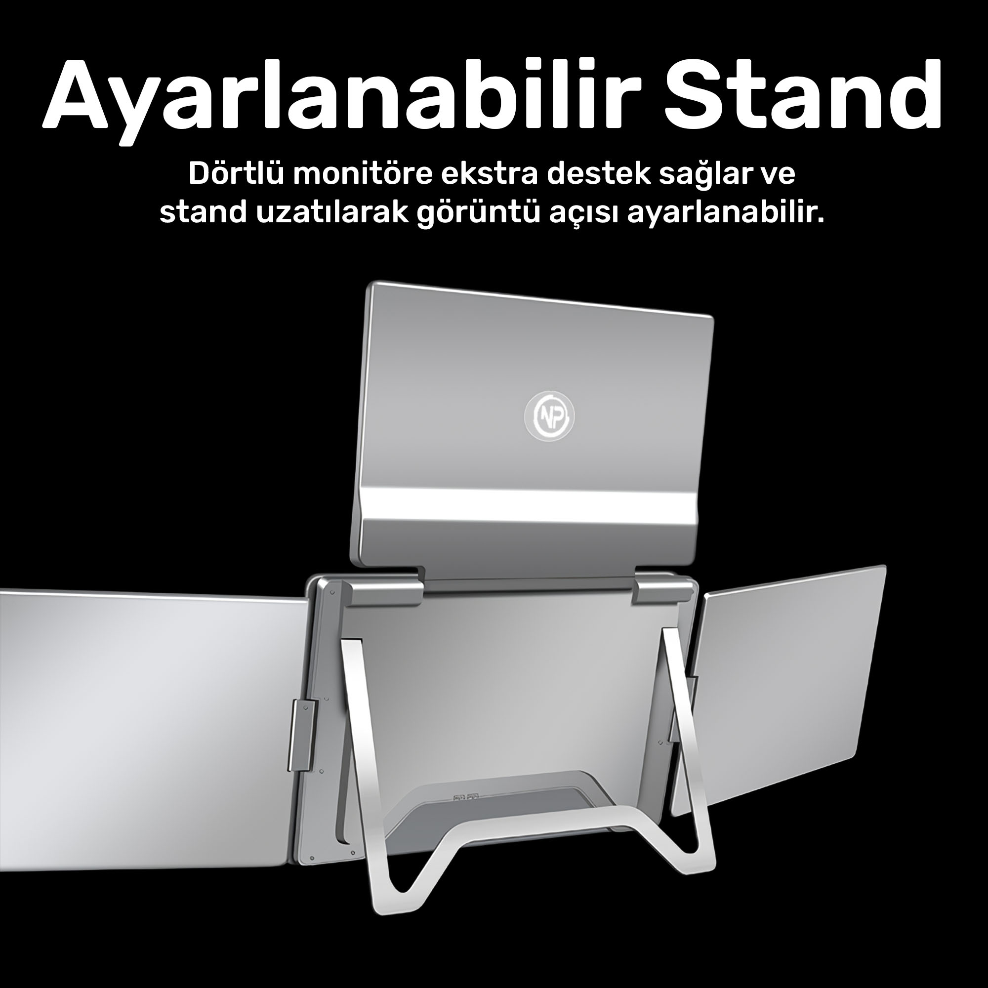 NP logosu üst ekranda bulunan, dört monitör için ayarlanabilir stant.