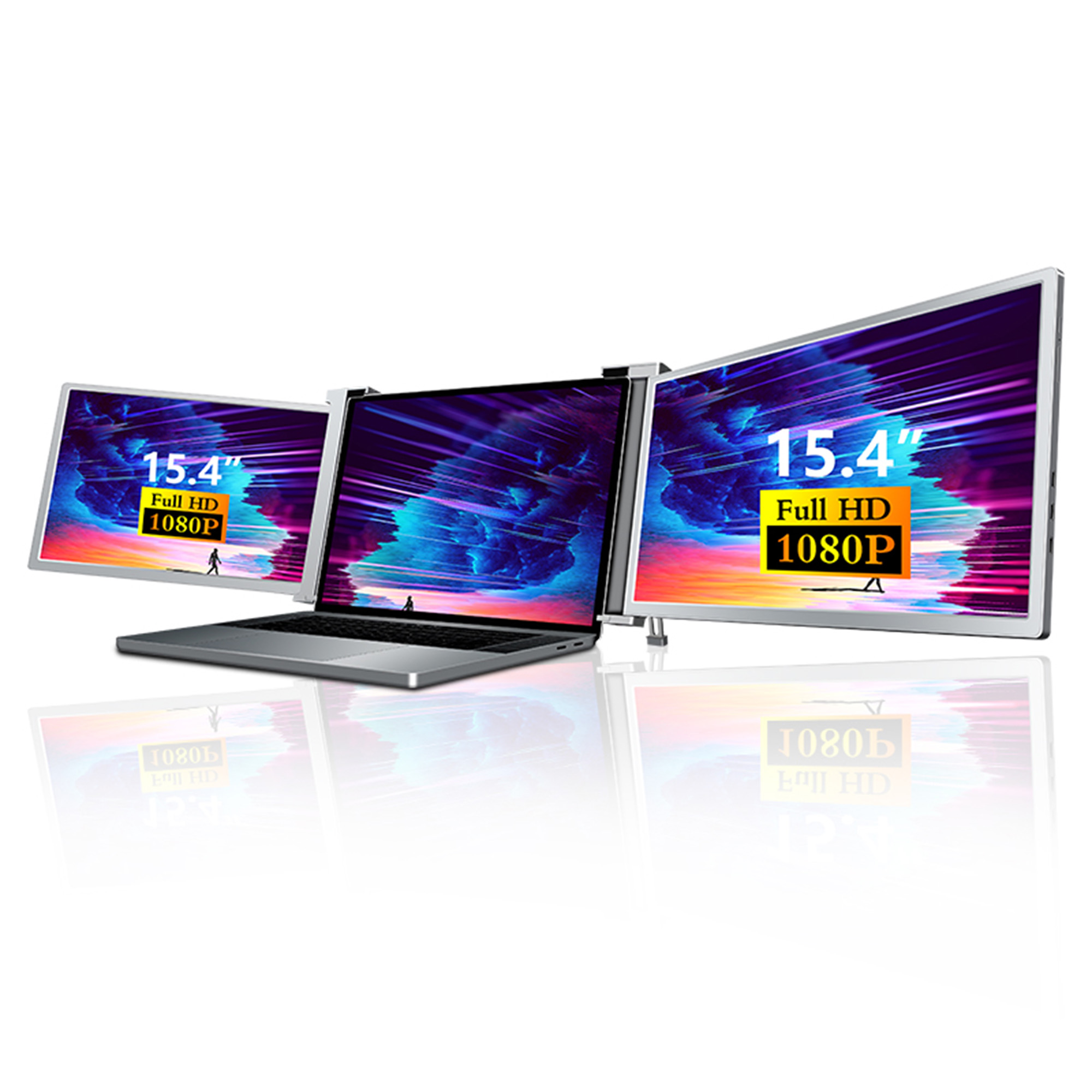 İki adet 15,4 inç Full HD 1080P ekranı bağlı bir dizüstü bilgisayar.