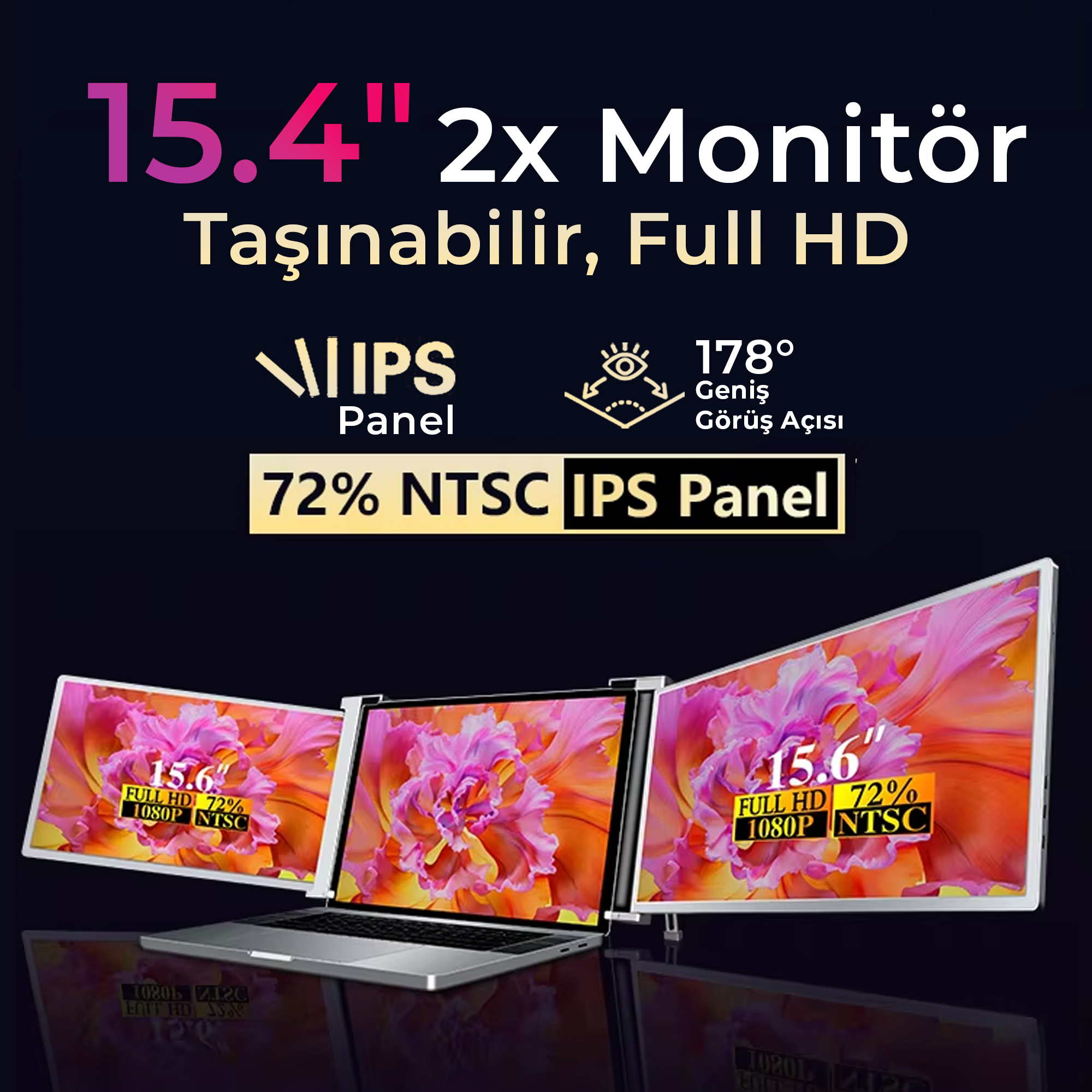 Çiçek desenli üç monitör. Biri dizüstü, ikisi harici monitör.