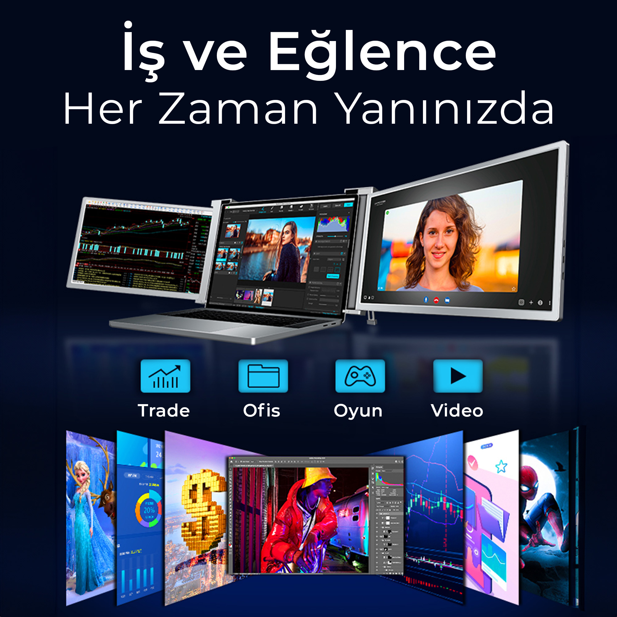 Üç monitörde ticaret, ofis, video var. Altta: prenses, dolar, oyuncu, örümcek adam.