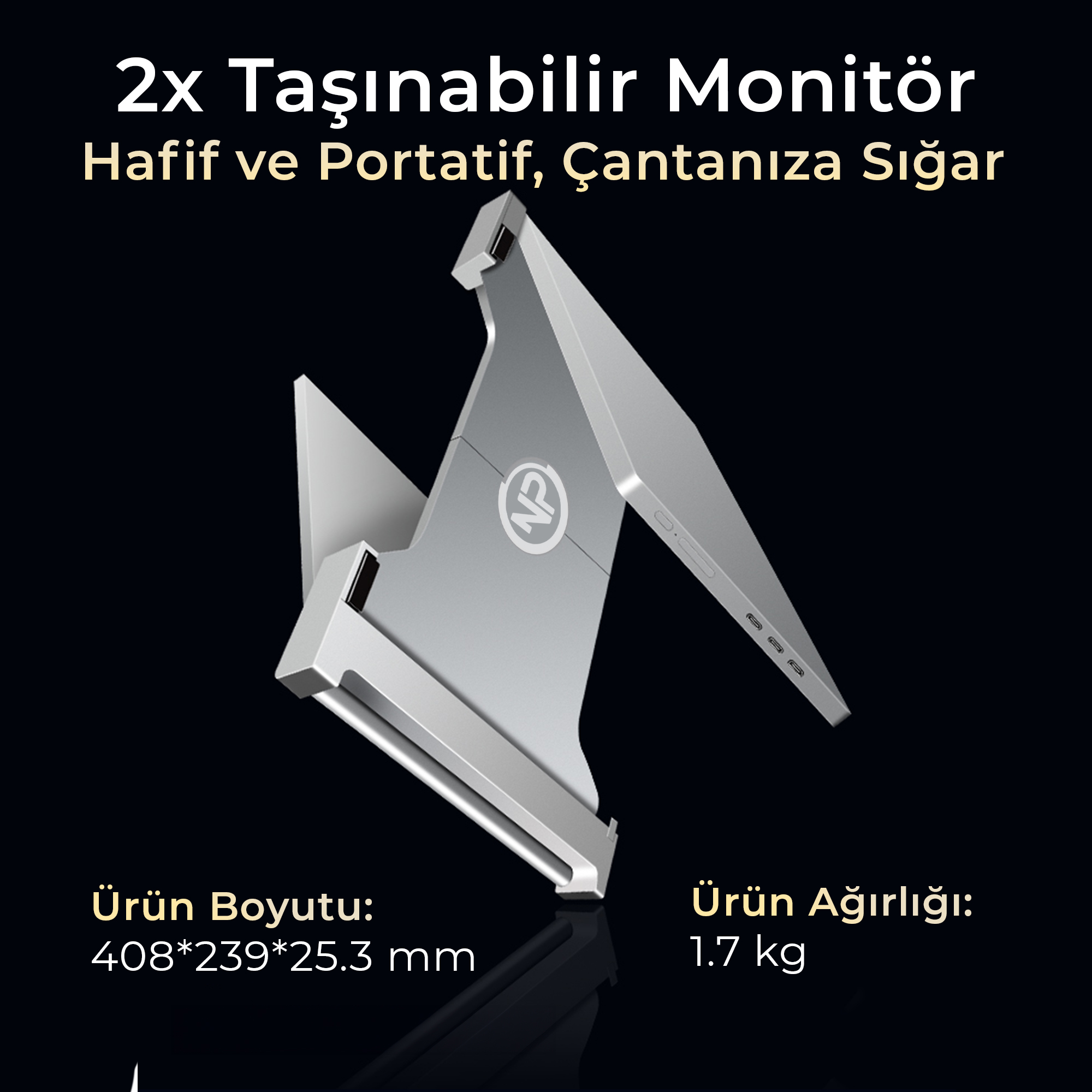 NP logolu, gümüş renkli, taşınabilir 2x monitör standı ve özellikleri.