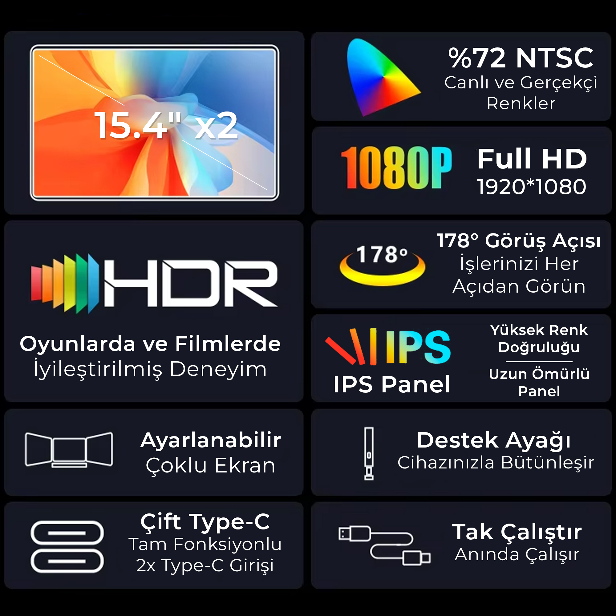 Ekran özellikleri: 15,4 inç, HDR, 1080p Full HD, 178° görüş açısı, IPS panel.