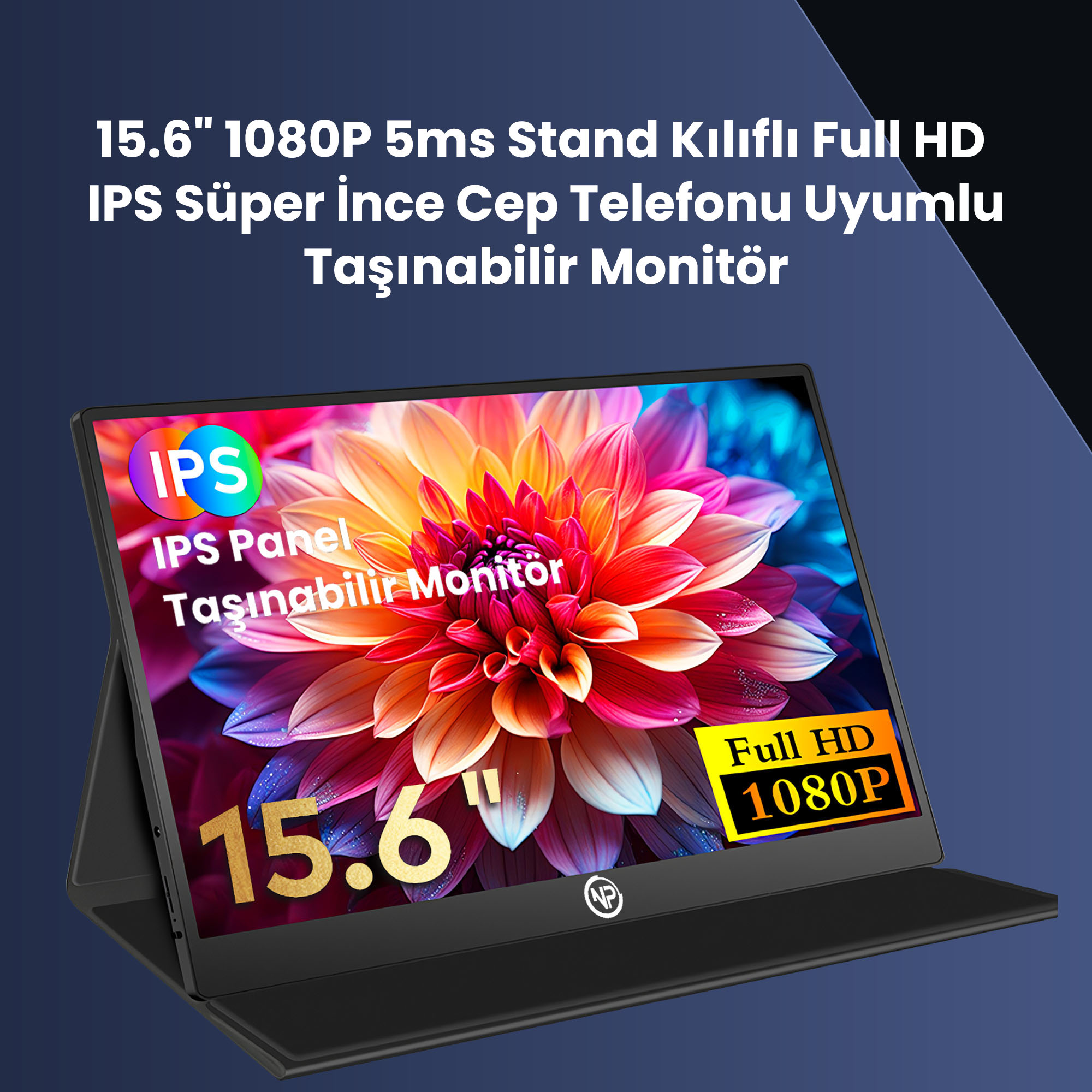 Canlı bir çiçek resmi gösteren 15,6" Full HD IPS taşınabilir monitör.
