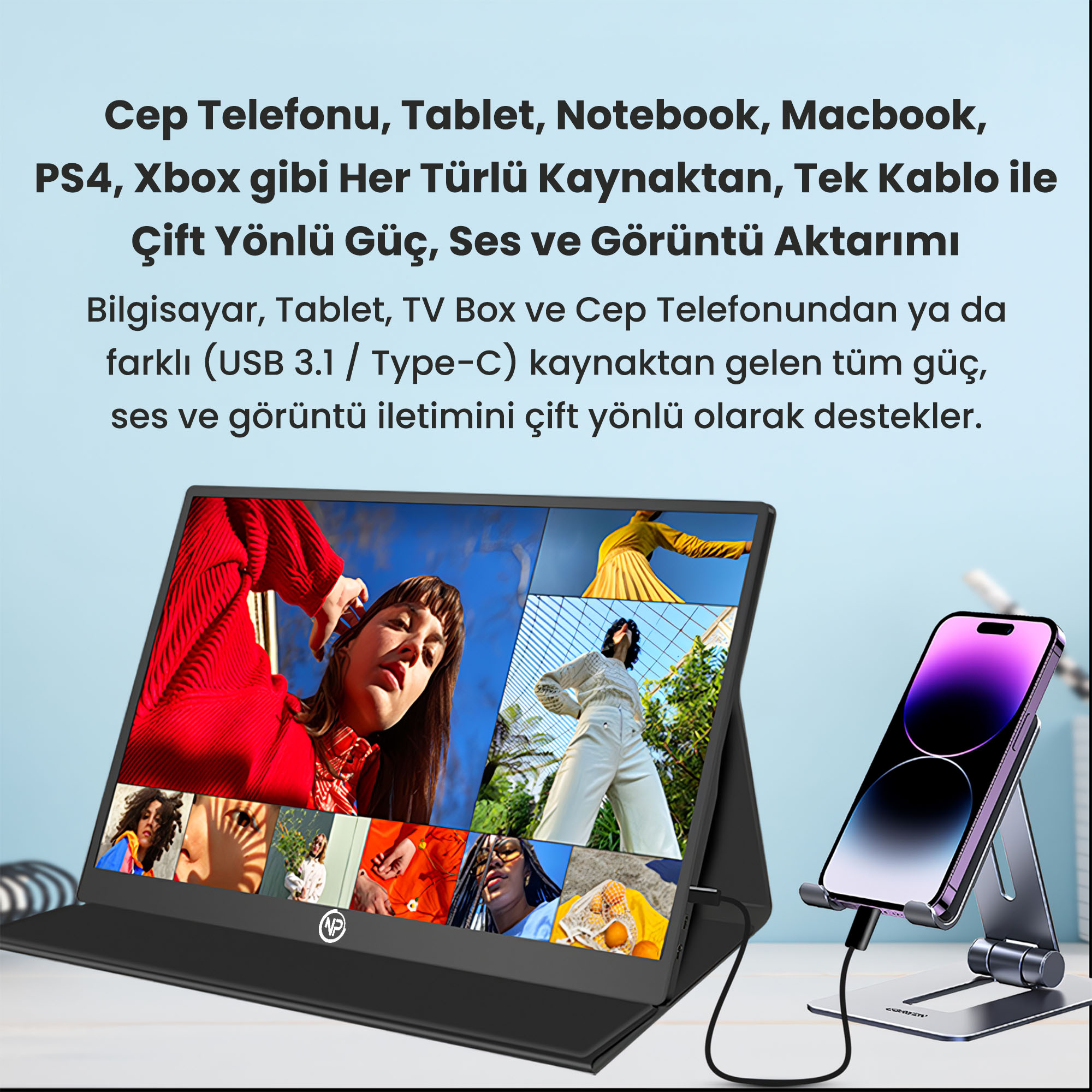Taşınabilir monitör renkli görseller gösteriyor, yanında telefon standı var.