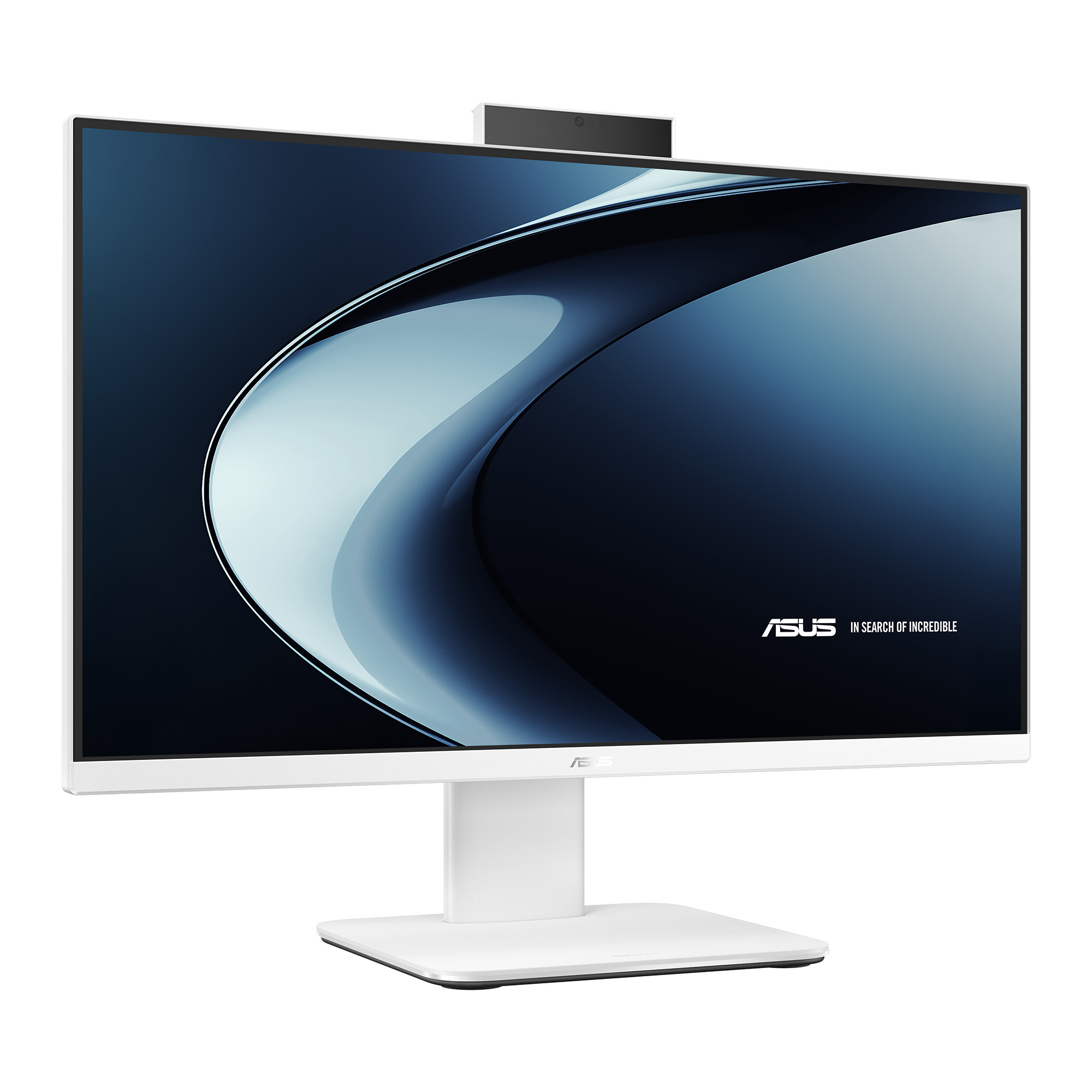 Koyu soyut arka plan üzerinde entegre kameraya sahip beyaz bir ASUS Hepsi Bir Arada bilgisayar.