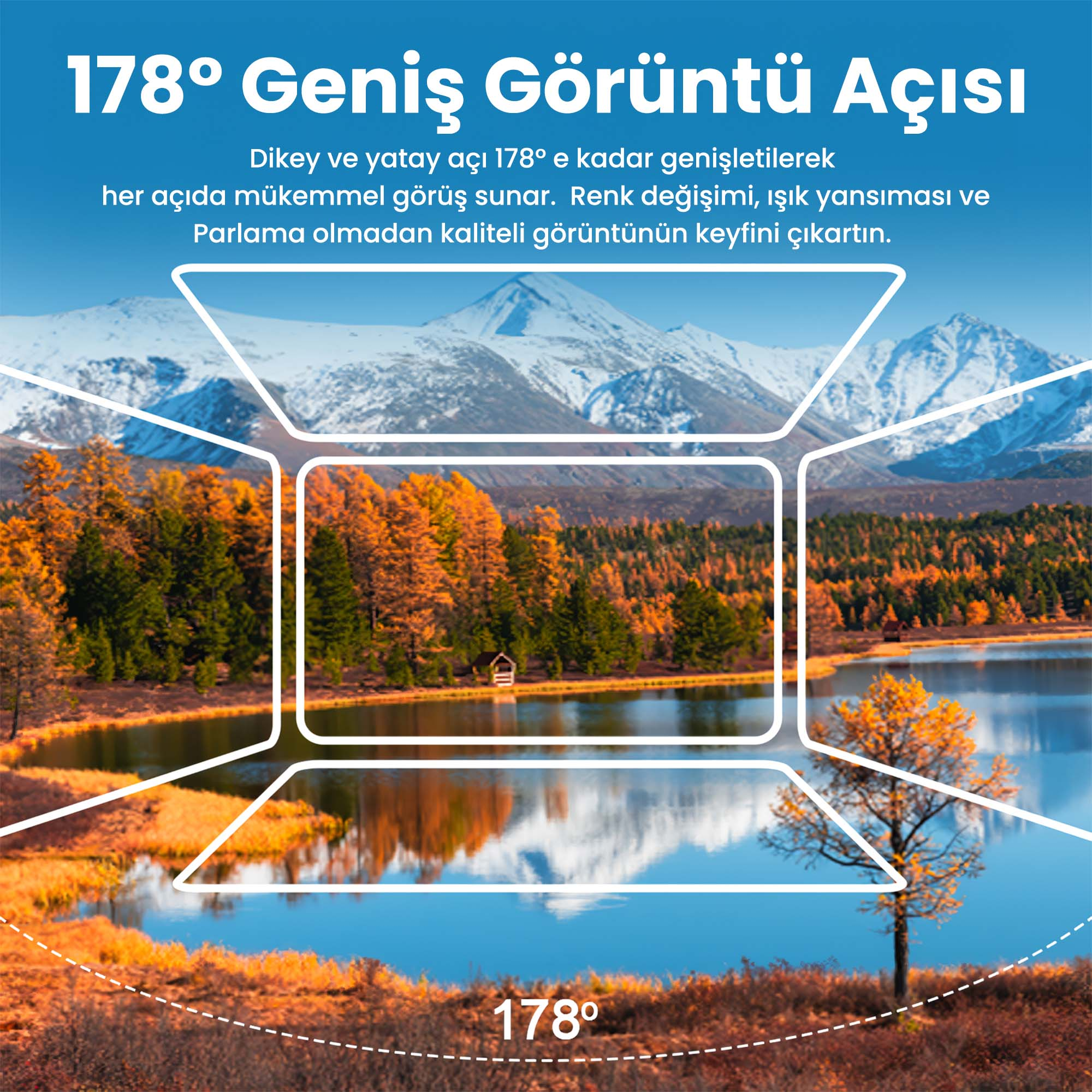 Göl, dağlar ve küçük bir ev ile sonbahar manzarası.