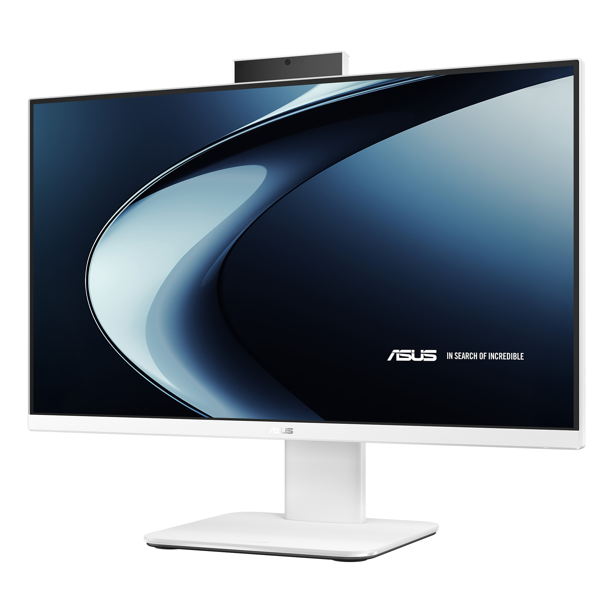 Mavi arka plana karşı ekranda kamerası olan beyaz bir ASUS Hepsi Bir Arada PC.