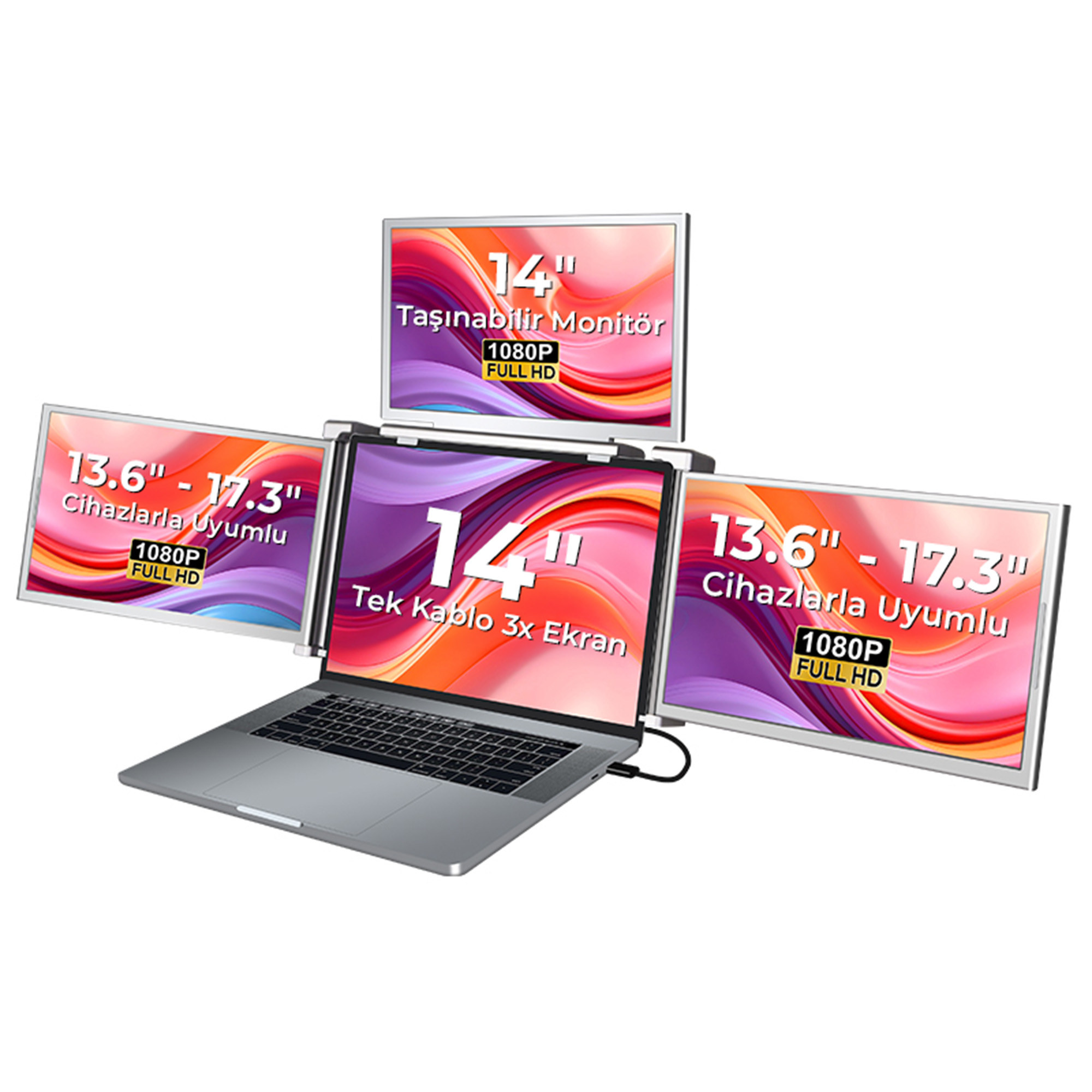 NPO NPM680 1080p IPS Type-C Taşınabilir Dizüstü 3'lü Monitör Çoklayıcı Notebook 14 inç Full-HD 14 ms Monitör Gümüş