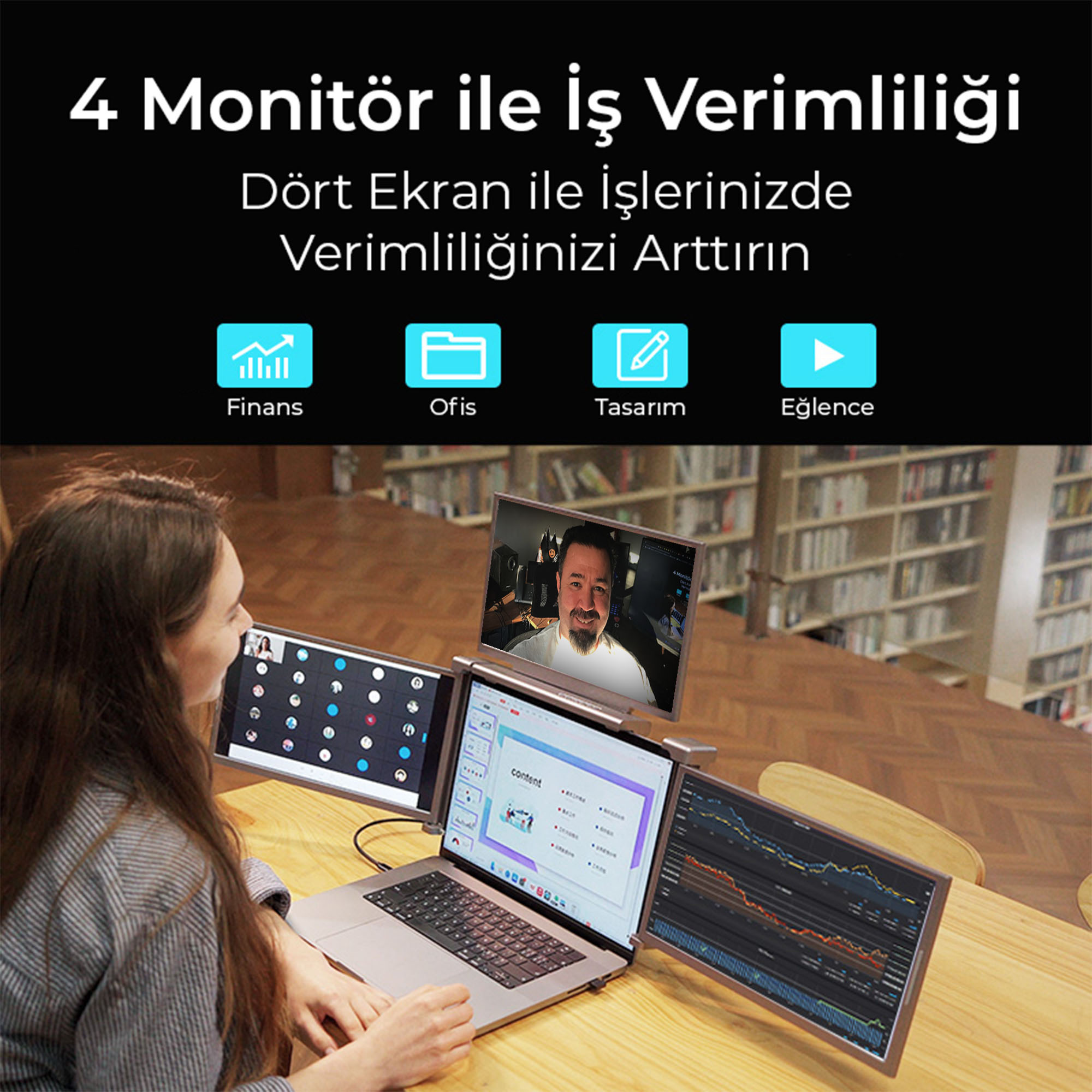 Bir kişi kitaplıklı bir odada dört monitörlü dizüstü bilgisayar kullanıyor.