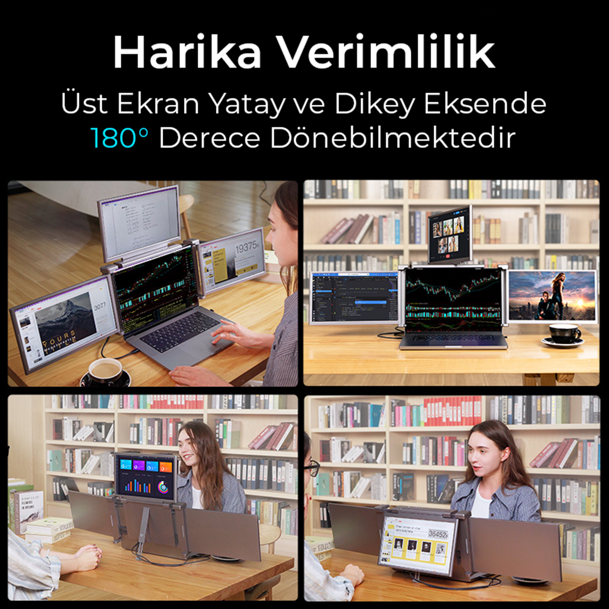 Dört sahne ofis ortamlarında birden fazla ekrana sahip dizüstü bilgisayarları gösteriyor.