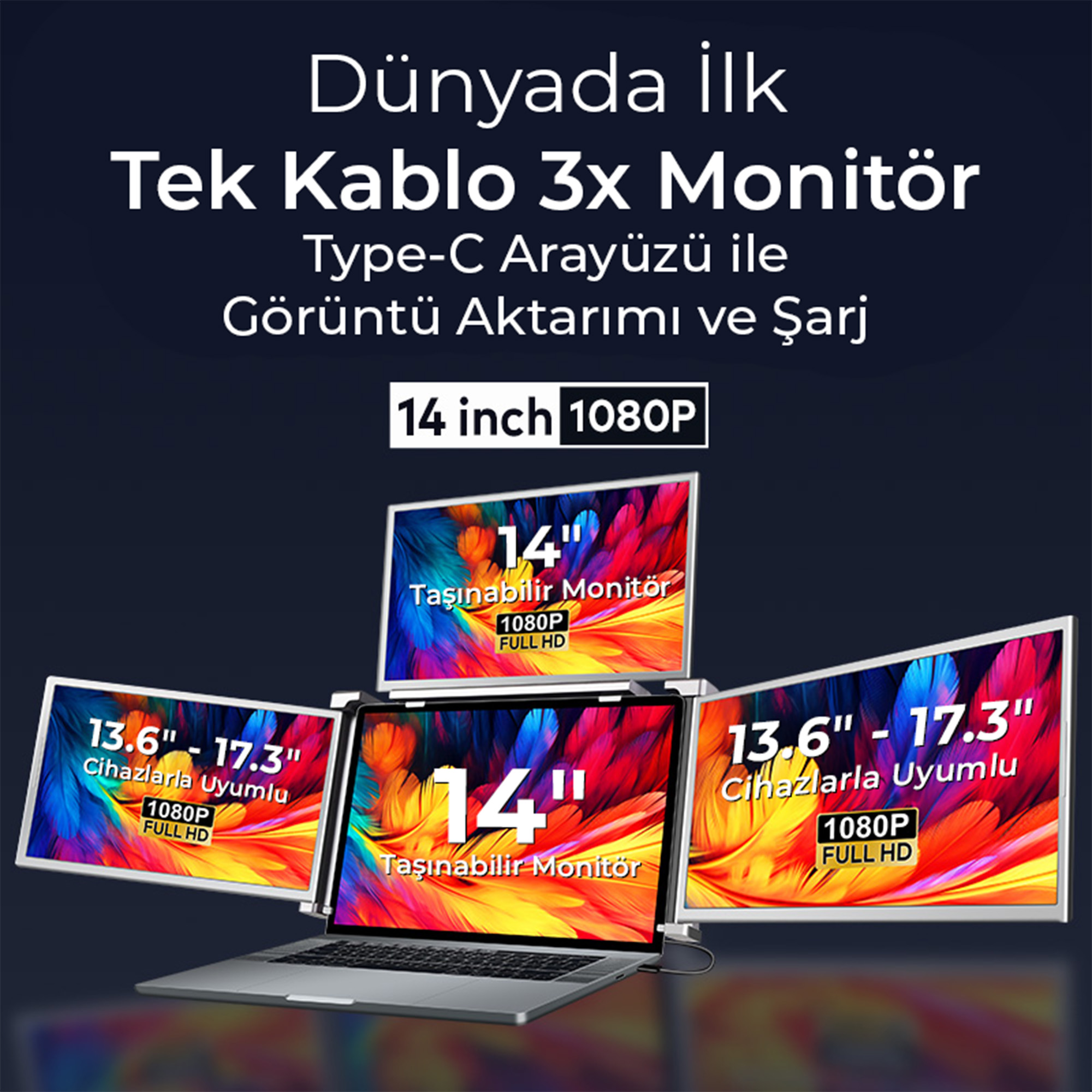Renkli tüyleri gösteren üç taşınabilir monitöre bağlı bir dizüstü bilgisayar.