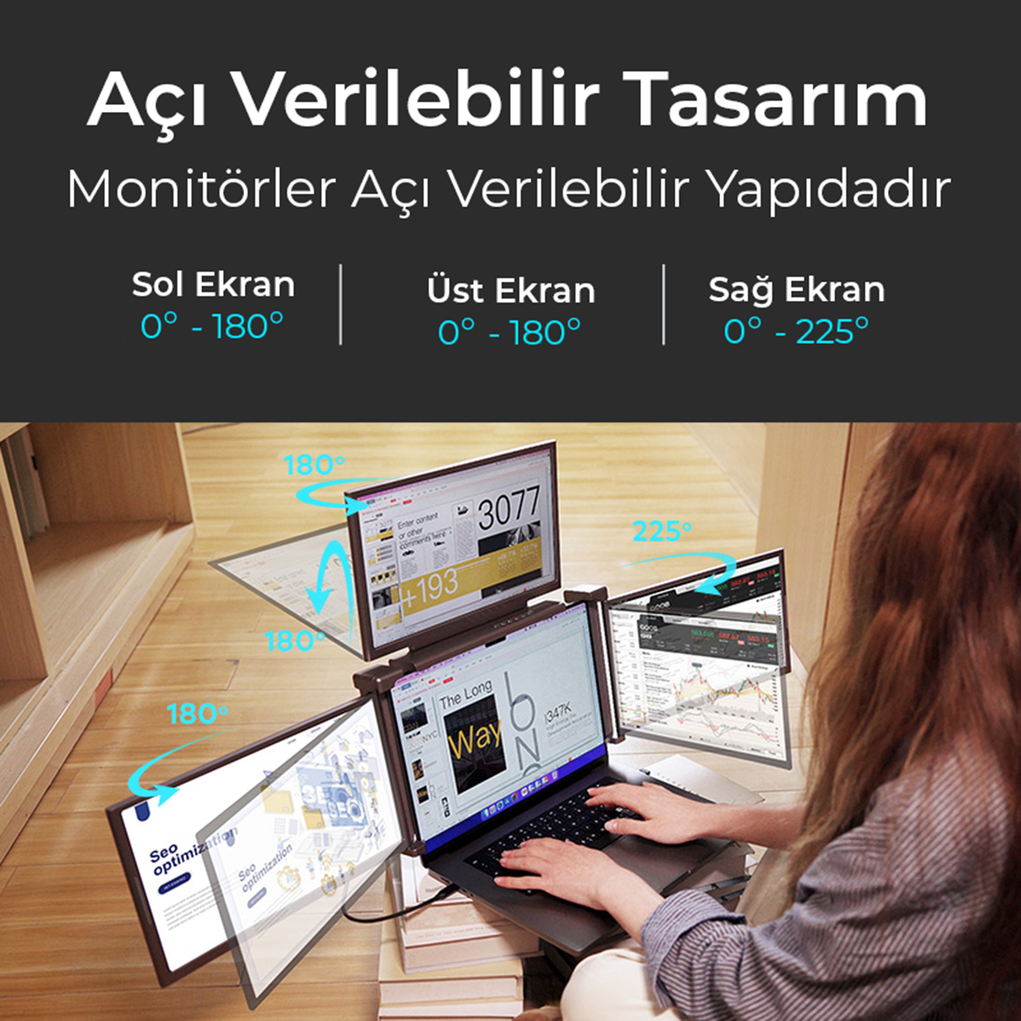 Kişi, çeşitli açıları gösteren üç ayarlanabilir monitörlü dizüstü bilgisayar kullanıyor.