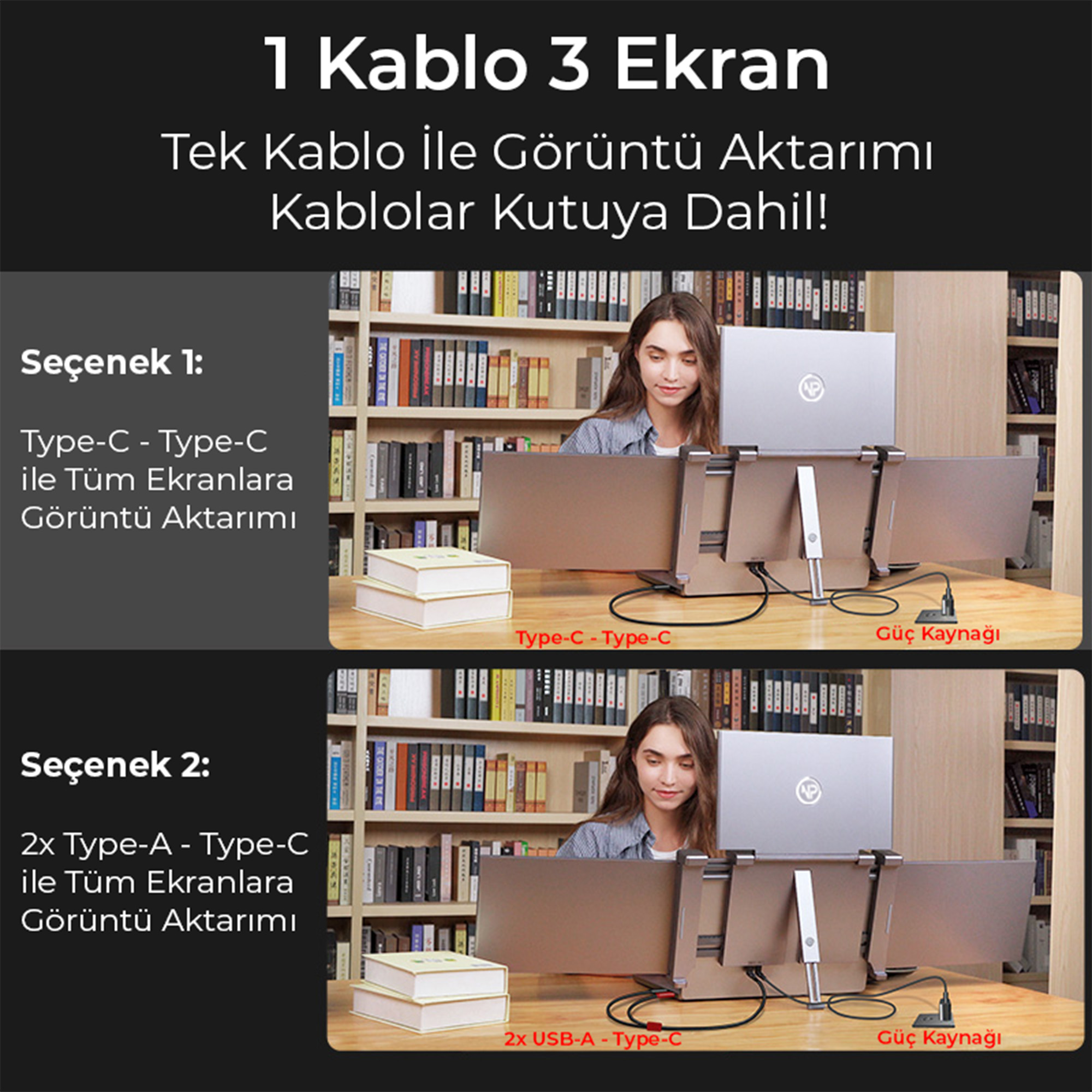 Bir kadın, USB-C veya USB-A ile bağlı iki ekrana sahip bir dizüstü bilgisayar kullanıyor.