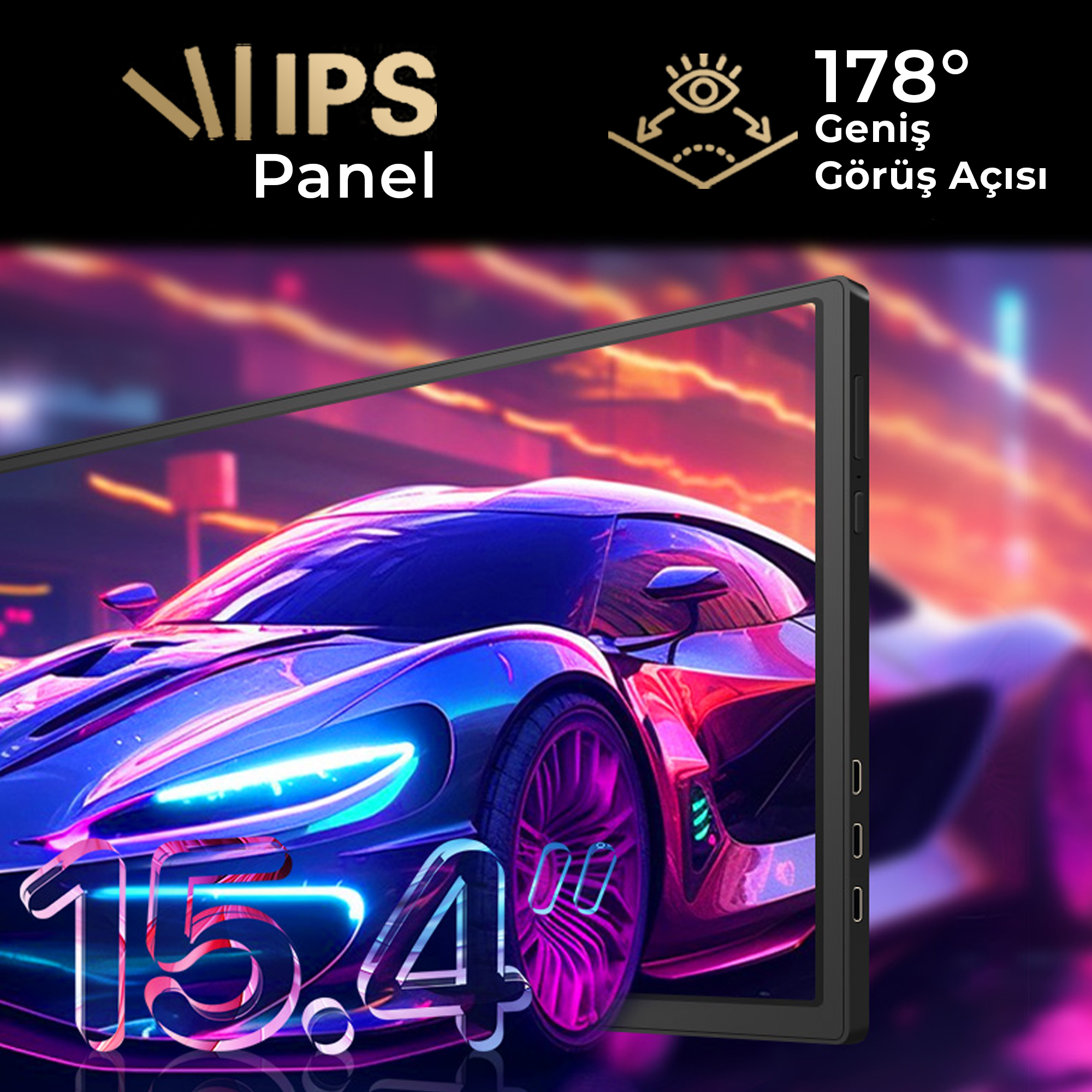 Ultrawide monitör, neon ışıklı şehir arka planında mavi spor araba gösteriyor.
