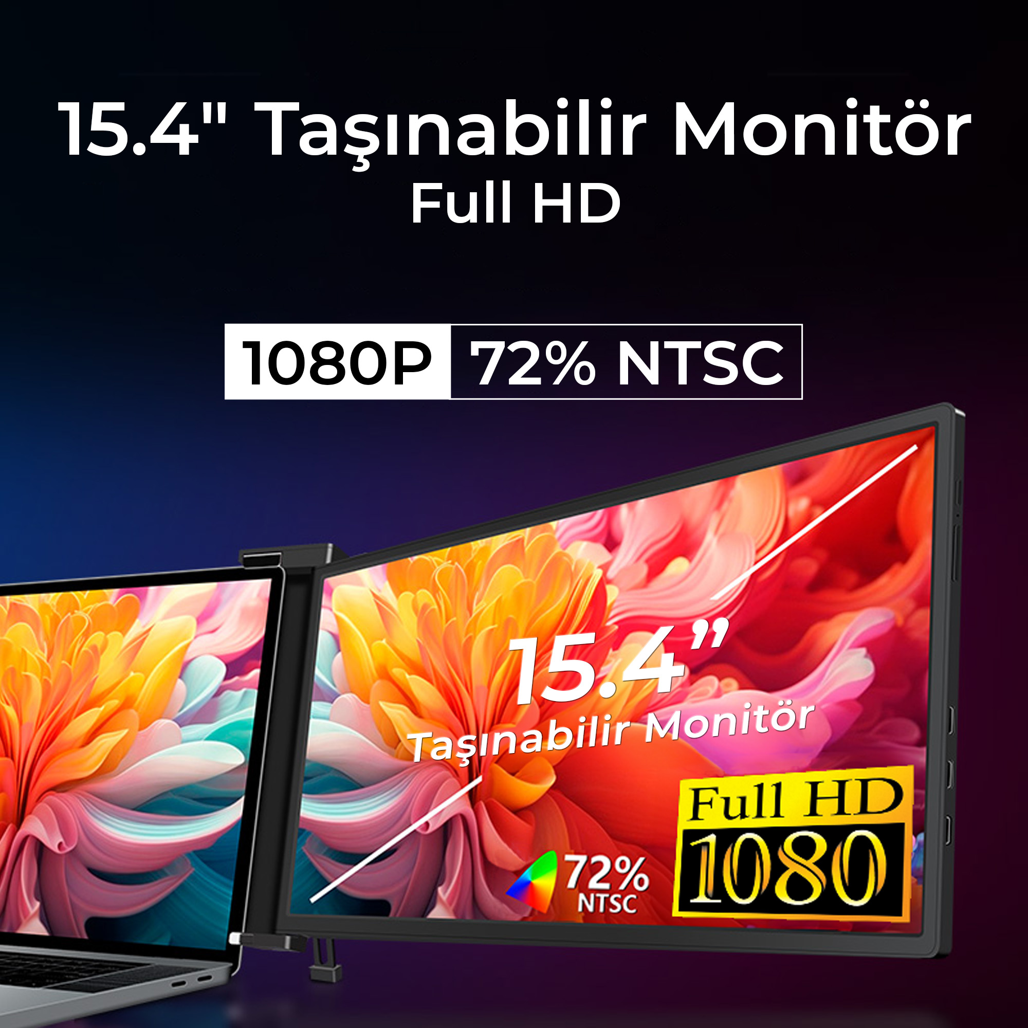 15,4 inç Full HD, %72 NTSC taşınabilir monitör, dizüstü bilgisayarın yanında.