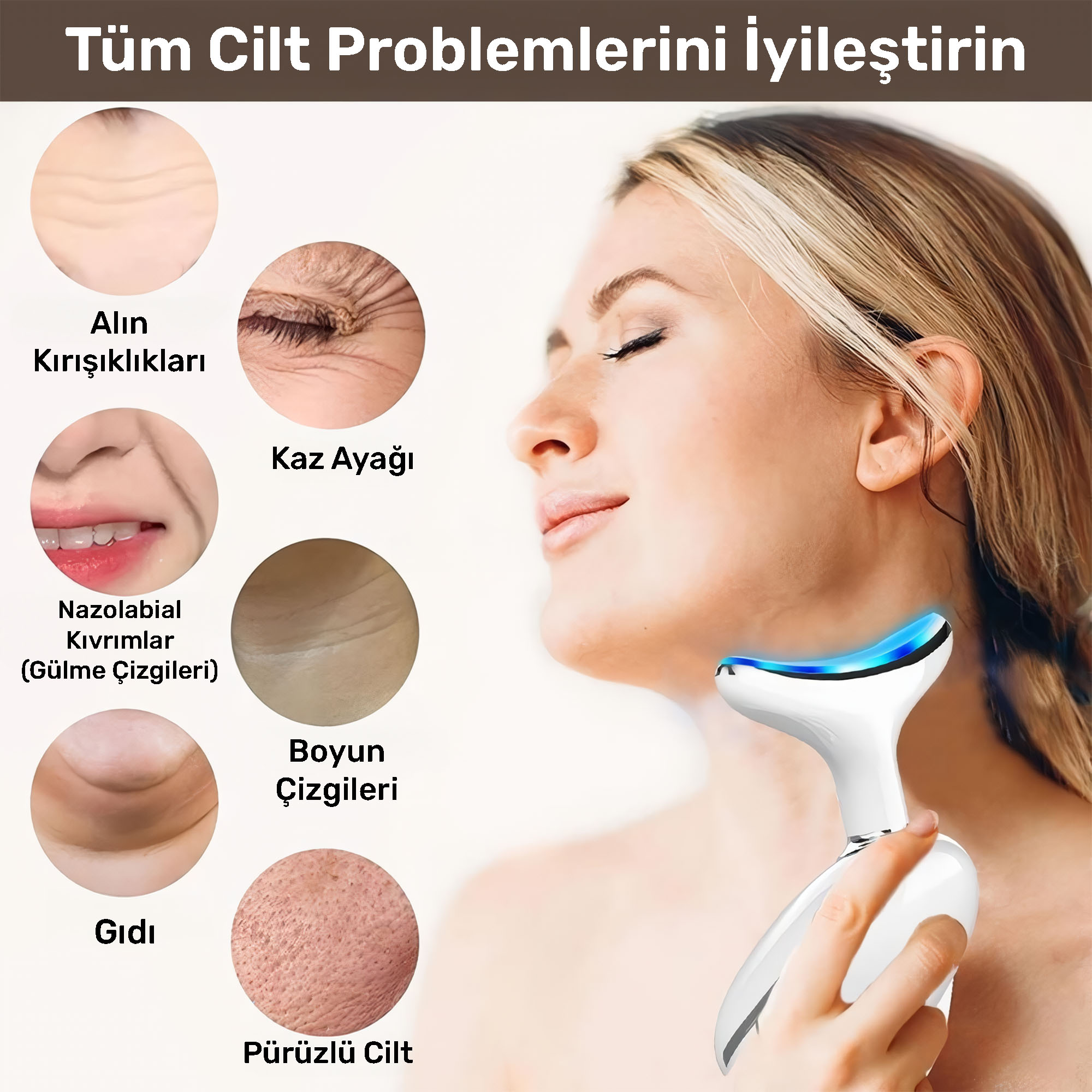 Kadın cilt bakım cihazı ile alın, kaz ayağı, gülme çizgisi, gıdı, boyun kırışıklığı gösteriyor.