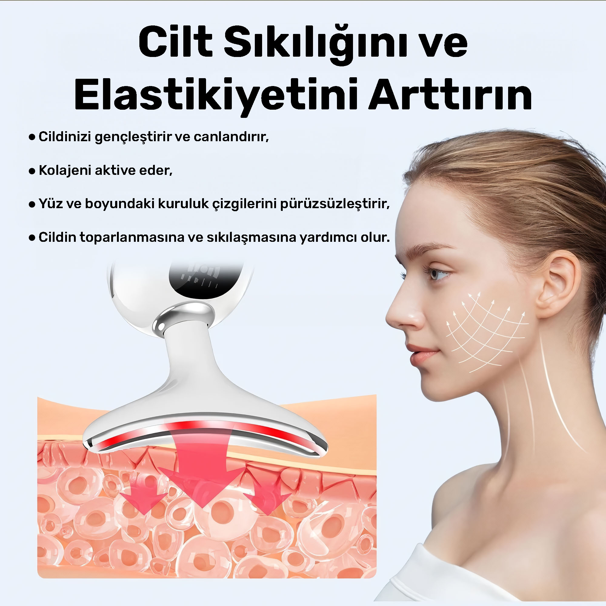 Cilt hücrelerini gösteren oklarla cilt sıkılaştırma cihazı.