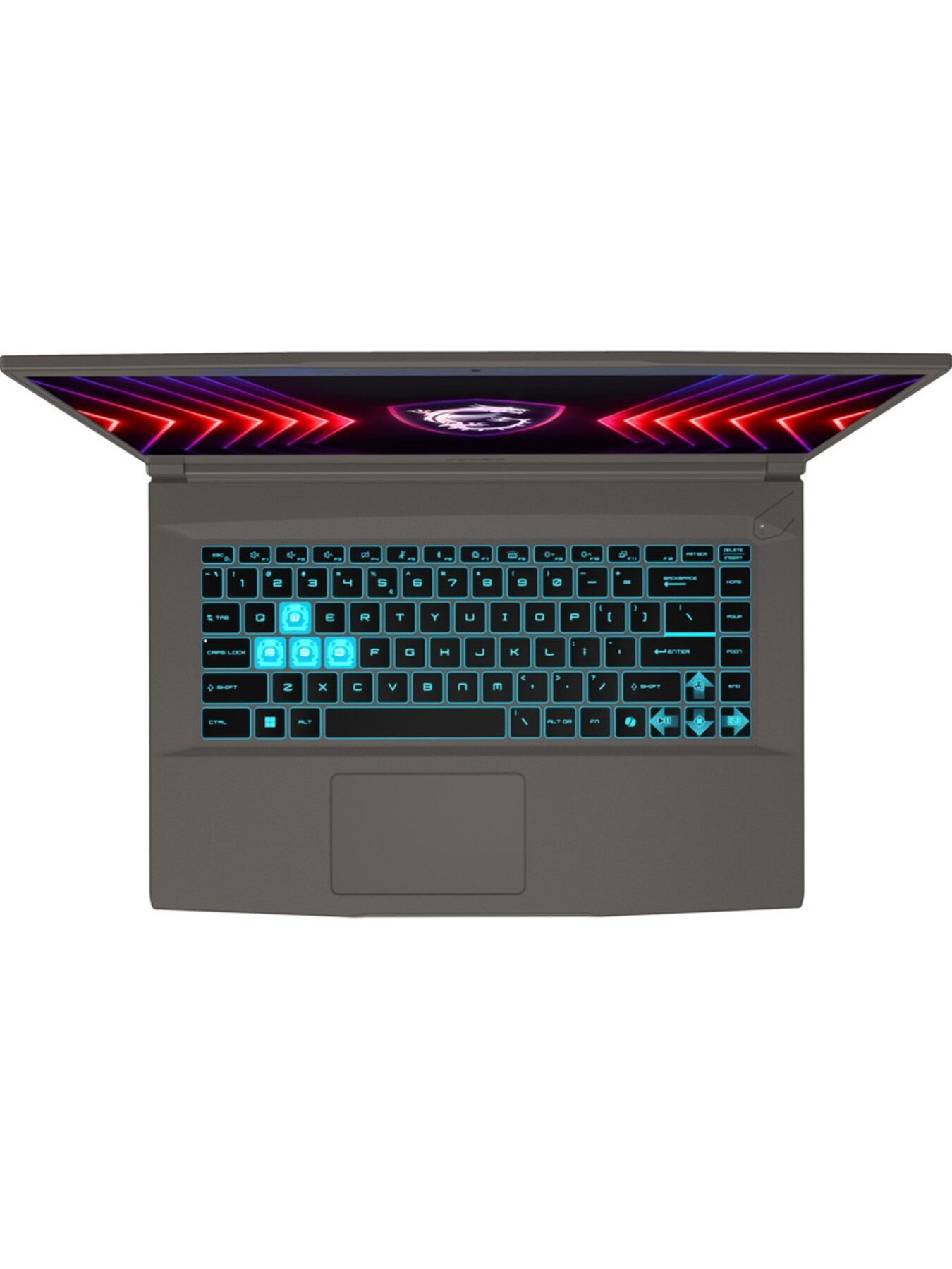 Parlak mavi klavyeli gri dizüstü bilgisayar ve ekranda MSI logosu.