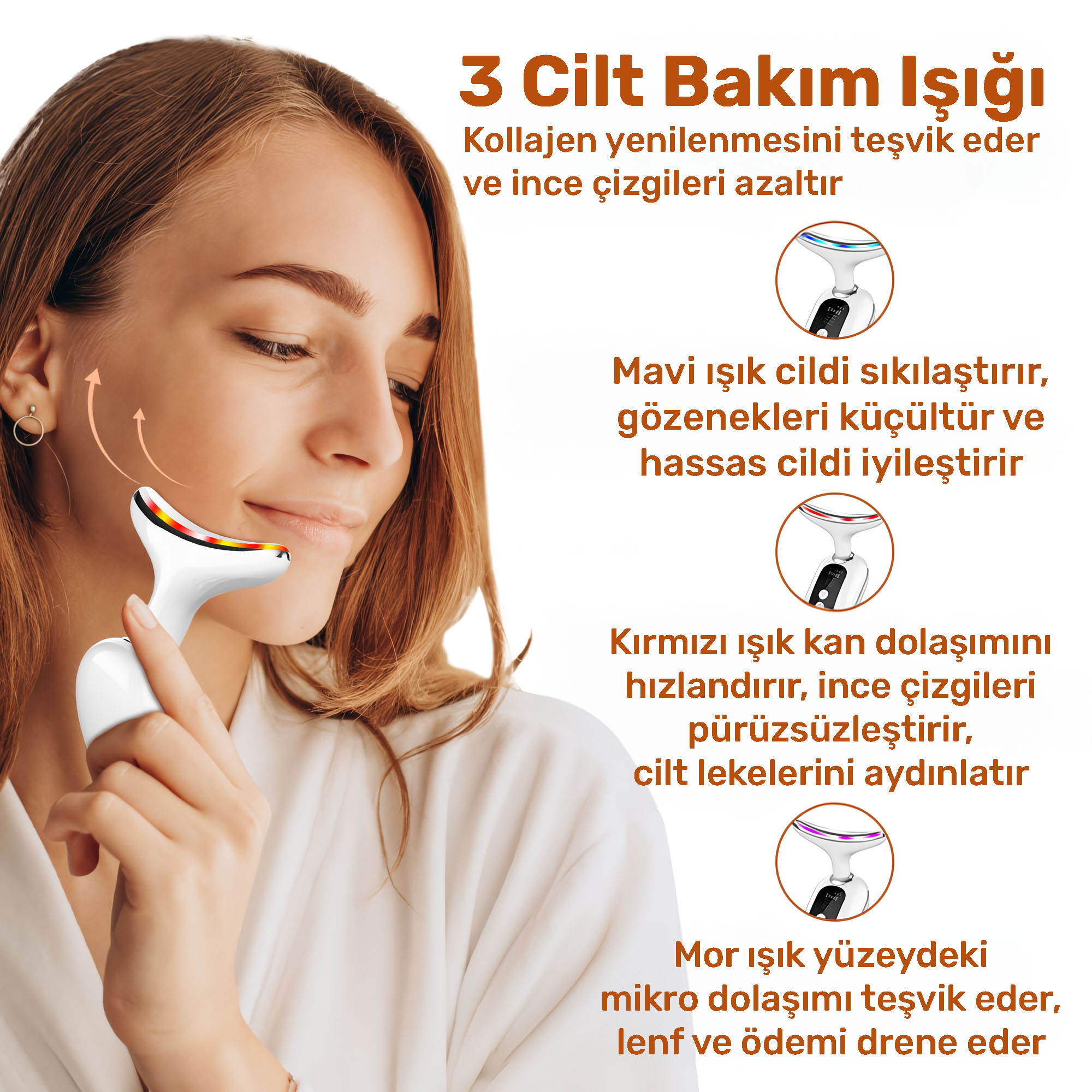 Bir kadın mavi, kırmızı ve mor ışık ayarları olan bir cilt bakım cihazı kullanıyor.